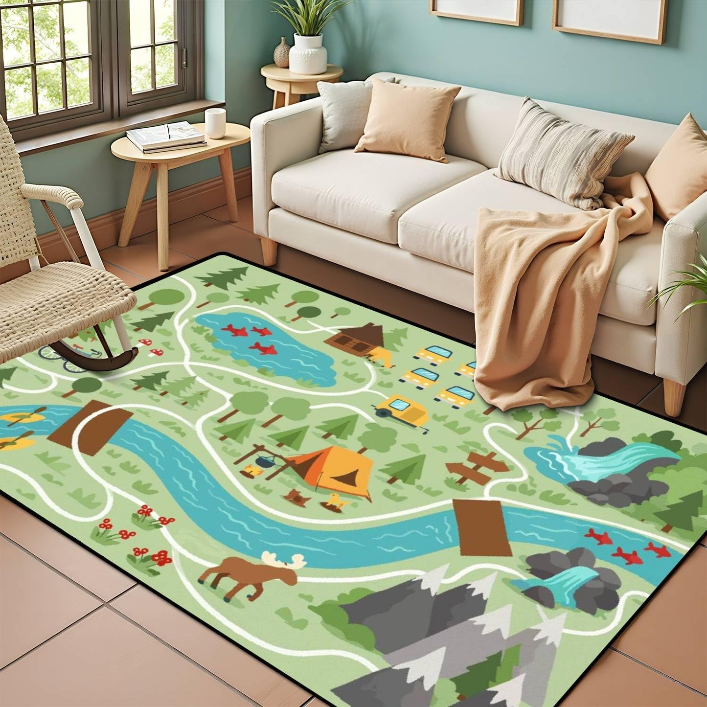Camping map Summer Camp Nature Clip Art Infographic Elements Mountains Area Rug Outdoor Patio Rug Play Mat Modern Floor Carpet Non-Slip Home Decor Living Room Kids Bedroom Nursery, 3x5 ft