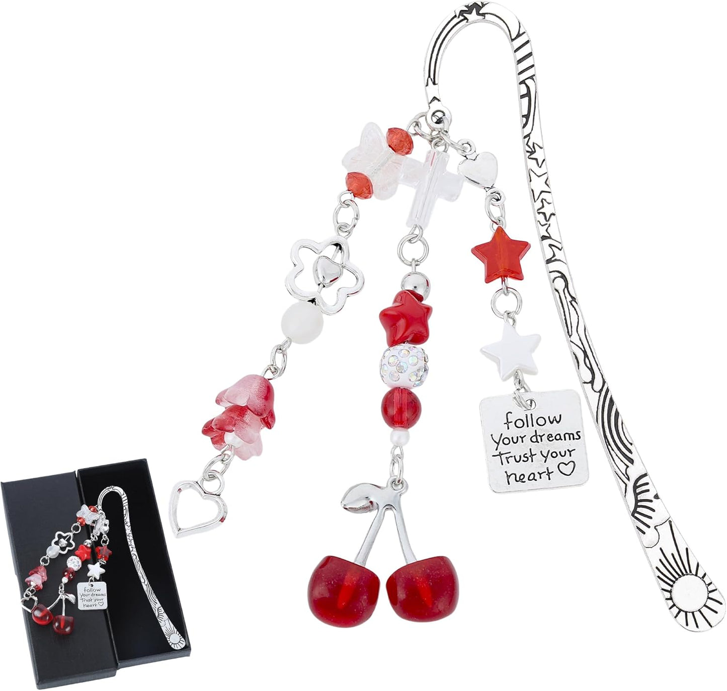 Cute Cherry Metal Bookmark - Charm Red Aesthetic Book Marks Gifts Unique Chain Page Maker Merch for Reading Lovers Women Girls Readers Bookish Students Teachers Birthday School Accessories