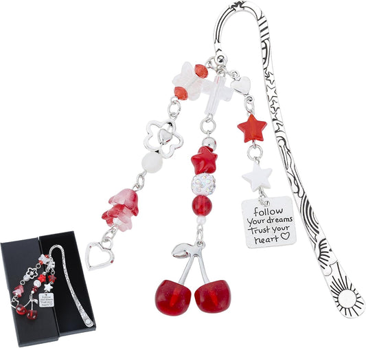Cute Cherry Metal Bookmark - Charm Red Aesthetic Book Marks Gifts Unique Chain Page Maker Merch for Reading Lovers Women Girls Readers Bookish Students Teachers Birthday School Accessories