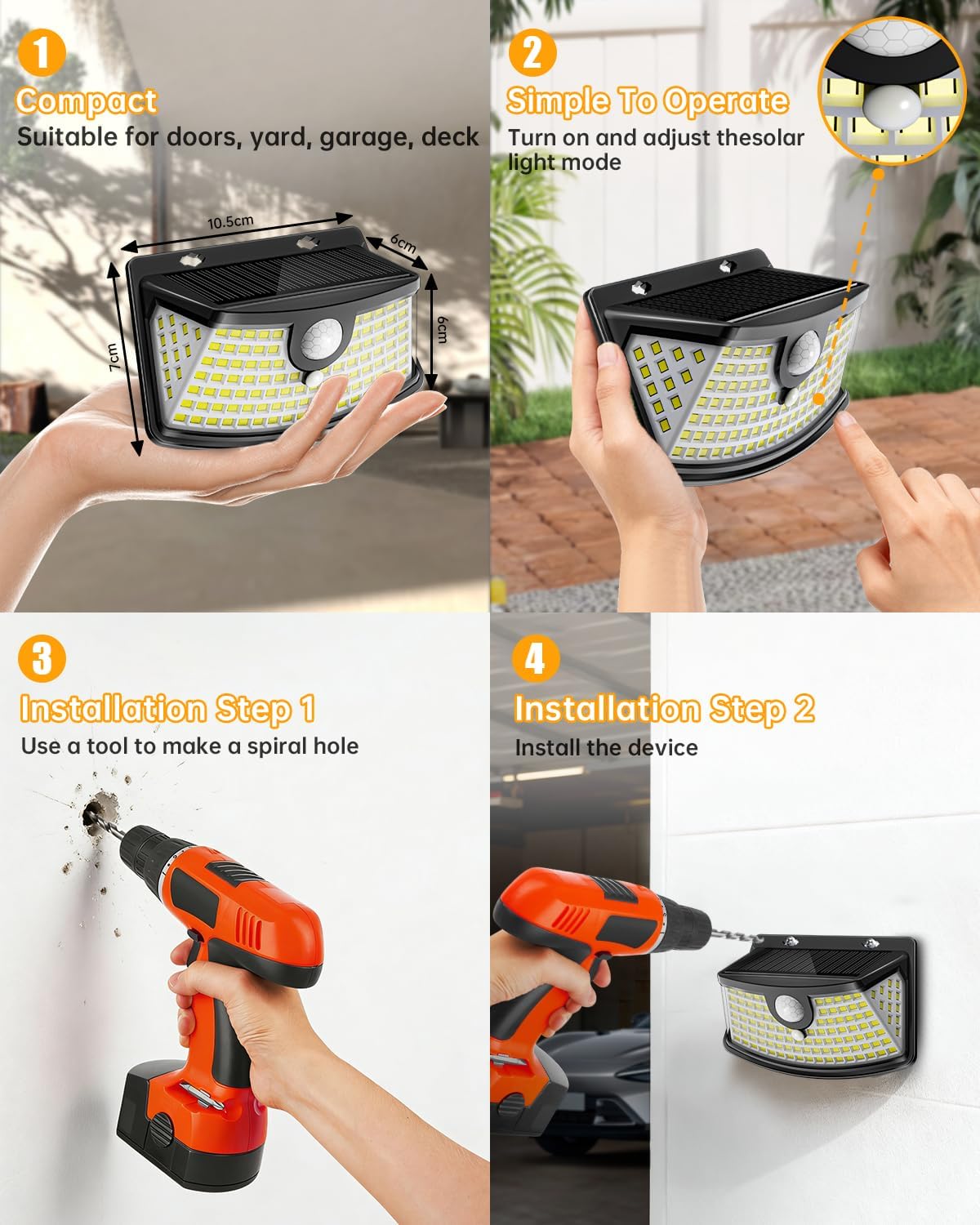 Aootek New Solar Motion Sensor Lights 120 LEDs with Lights Reflector,270° Wide Angle, IP65 Waterproof, Step Lights for Front Door, Yard, Garage, Deck (Black, Daylight White, 4-Pack)