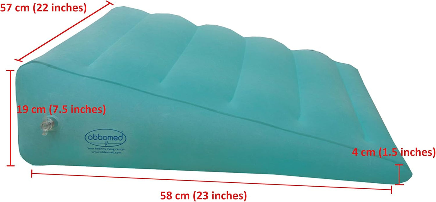 ObboMed HR-7510 Inflatable Portable Bed Wedge Pillow with Velour Surface for Sleeping, Travel, Trip Vacation, Horizontal Indention Prevent Sliding, 23” x 22” x(7.5”~1.5”), Cyan