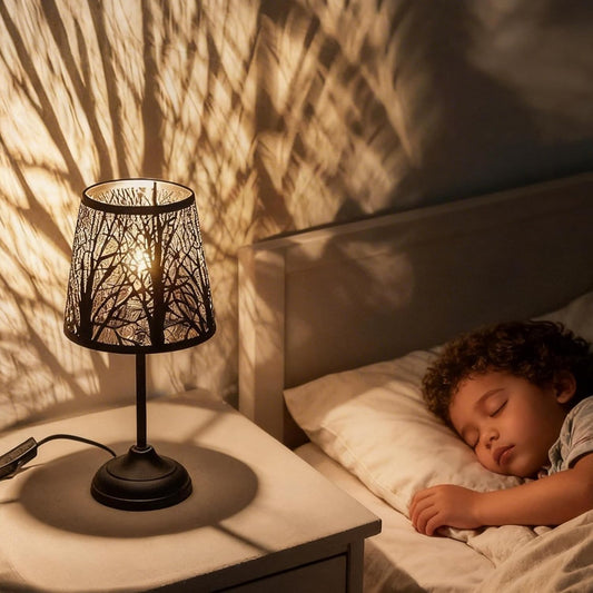 Black Metal Tree Shadow Table Lamp, Vintage Rustic Bedside Lamp, Small Bedside Night Light for Kids, Ambient Mood Lighting for Bedroom Living Room, Halloween Gothic Decorative Small Spaces Table Lamp