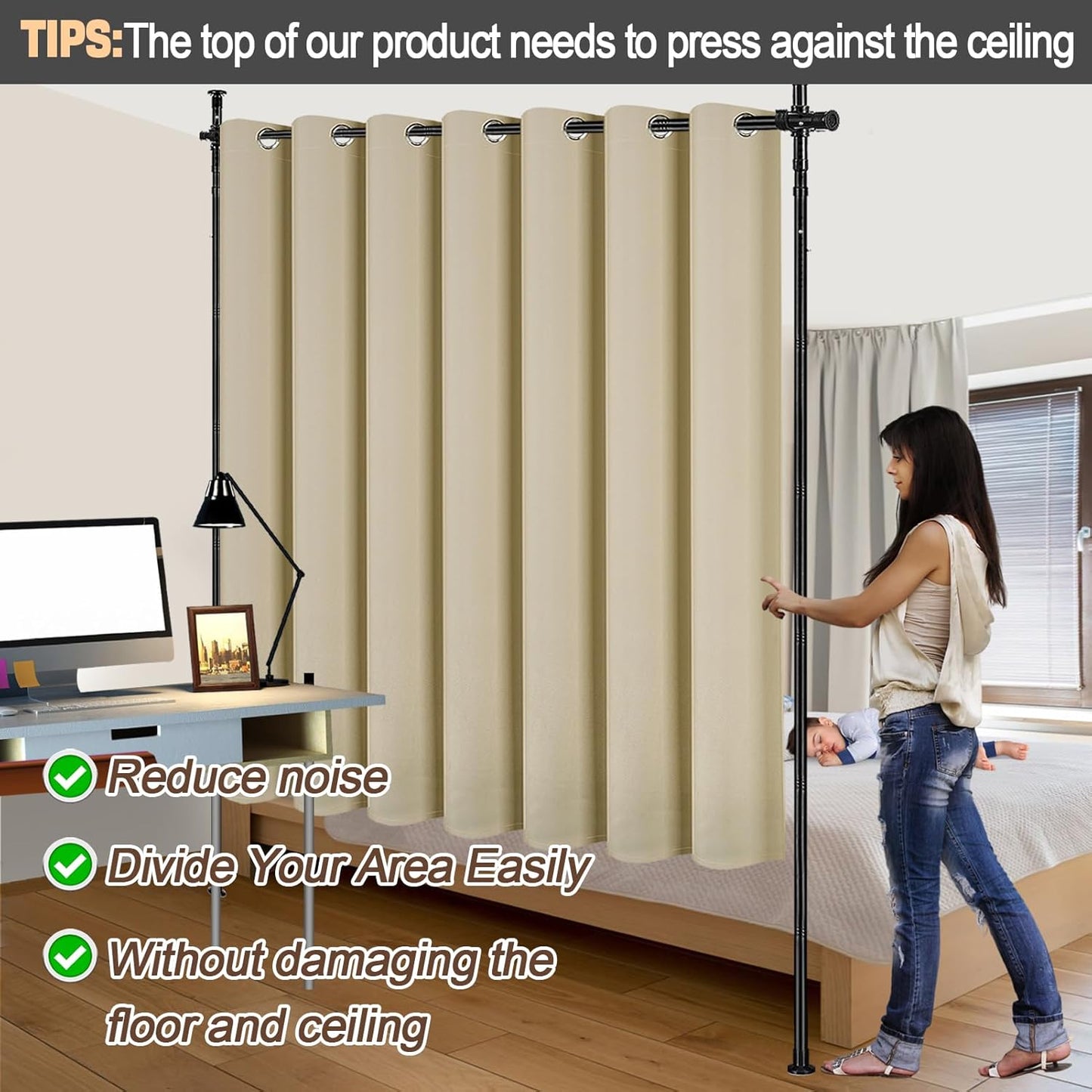 Room Divider Curtain and Rod Set - 6 x 10.2FT Adjustable Wall Divider Rod & Soft Privacy Curtains, Portable Easy to Install Room Separations for Room Blackout