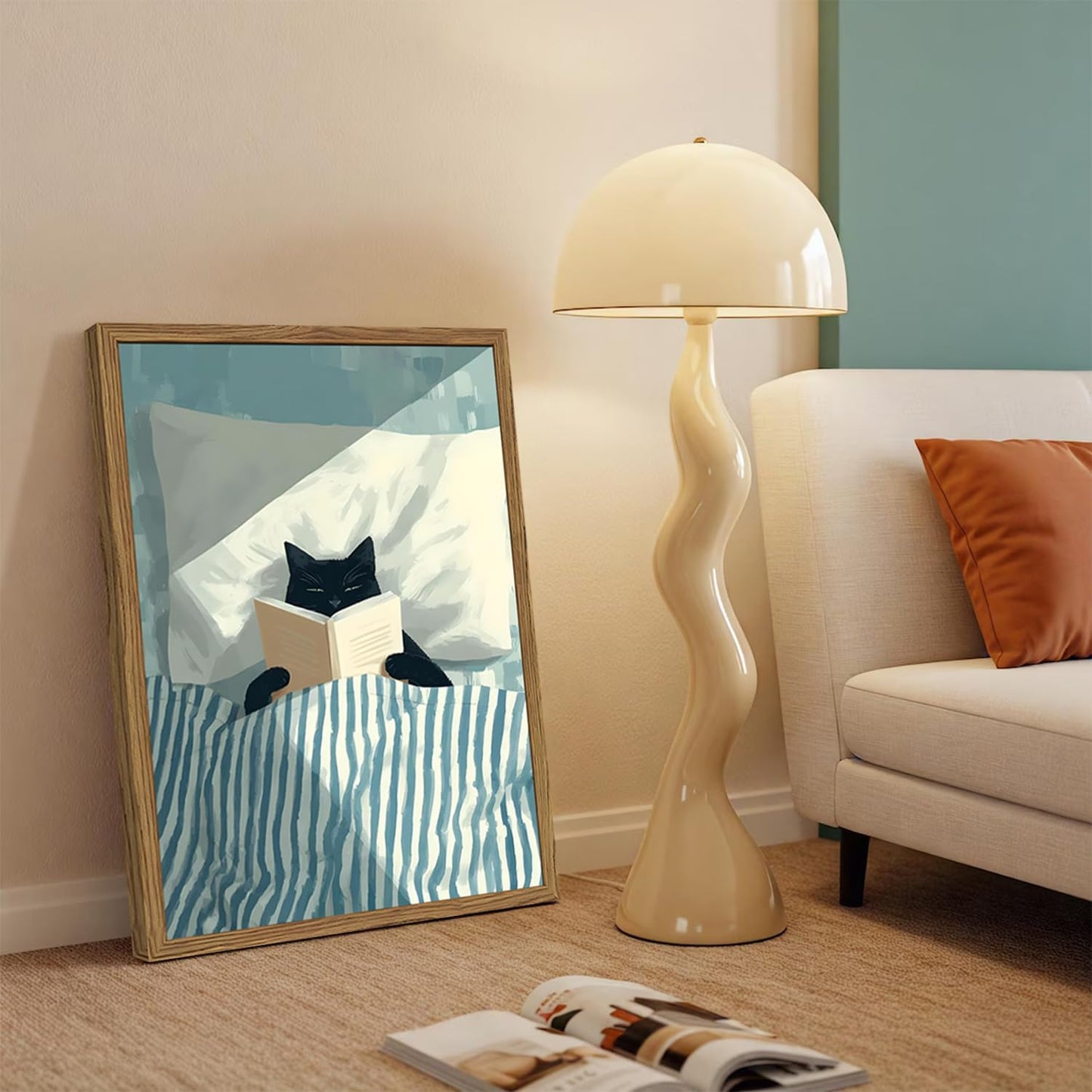 Framed Funny Black Cat Wall Art, Whimsical Cat in Stripe Bed Reading Wall Decor Painting Cute Animal Book Lover Blue and White Poster Canvas Print for Bedroom Living Room 16x24 inch Wood Framed