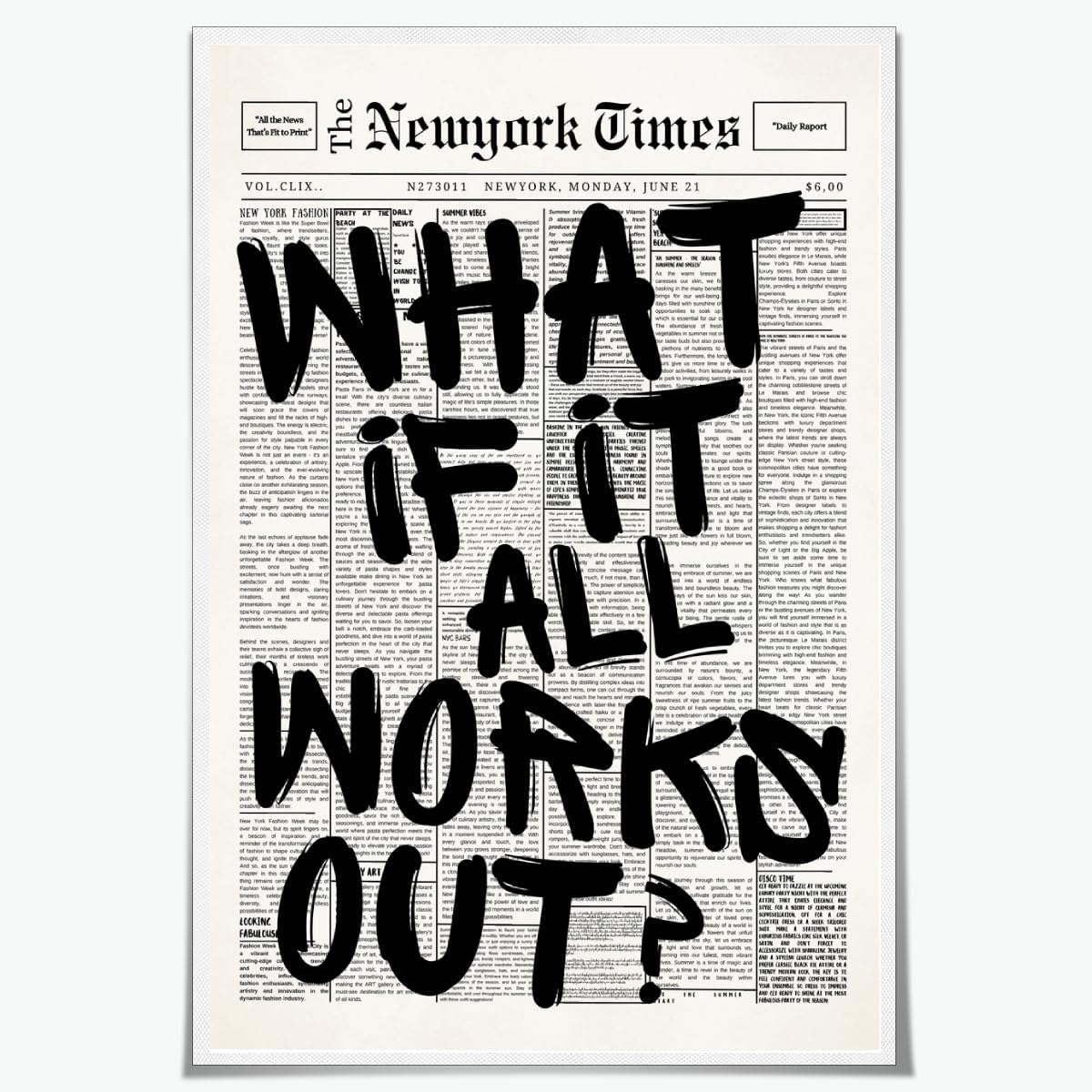 Retro Black and White Newspaper Wall Art What If It All Works Out Positive Quote Canvas Print Trendy Apartment Aesthetic Poster Preppy Affirmation Painting For Bathroom Decor 12x18inch Unframed