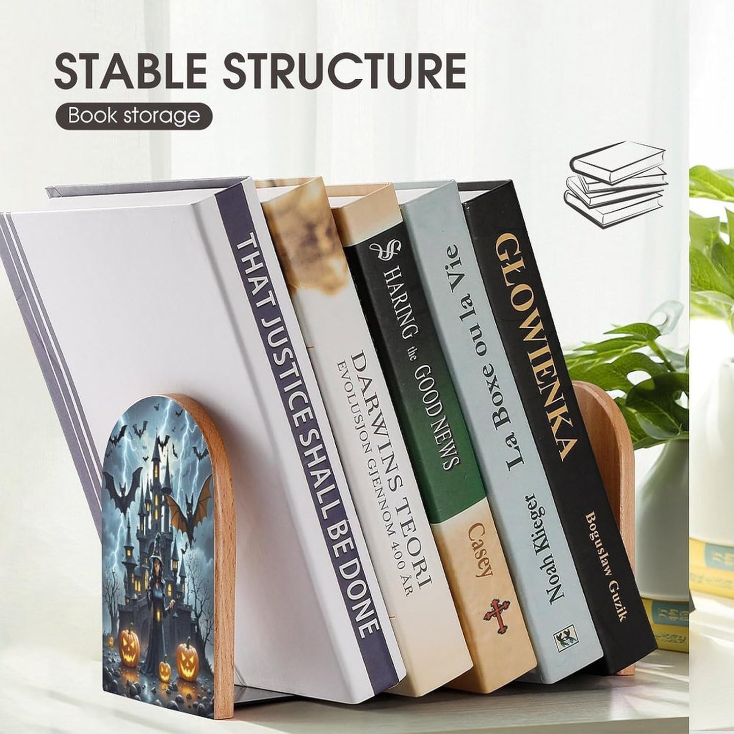 Witches Night Bookends 1 Pair Heavy Duty Book Ends for Shelves Non-Skid Bookend Supports Wooden Book Holders with Metal Base Desk Organizers Books Storage to Hold Books
