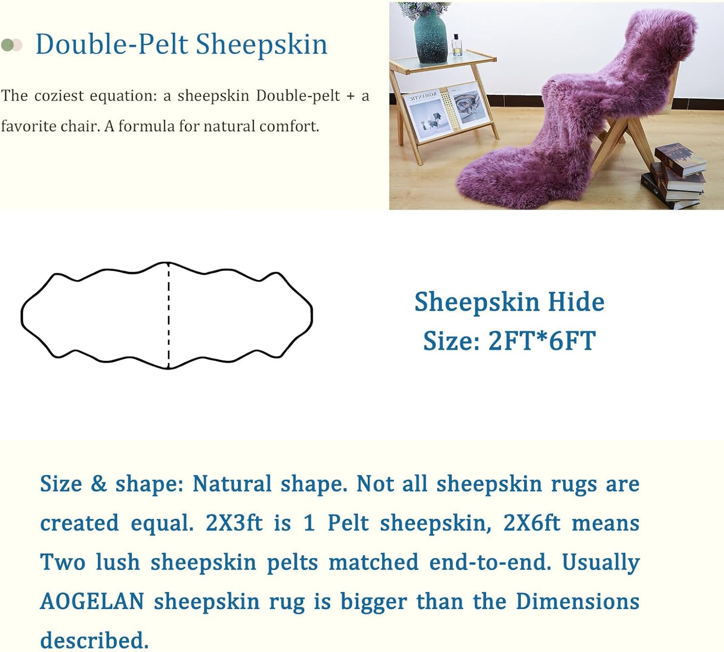 Genuine Sheepskin Rug, Shaggy Fur Fluffy Fuzzy Soft Area Rug for Bedroom Living Room Fur Wool Pray Throw Pup Area Cushion, Chair Sofa Seat Cover(Pansy Purple, Double Pelt/2FT*6FT)