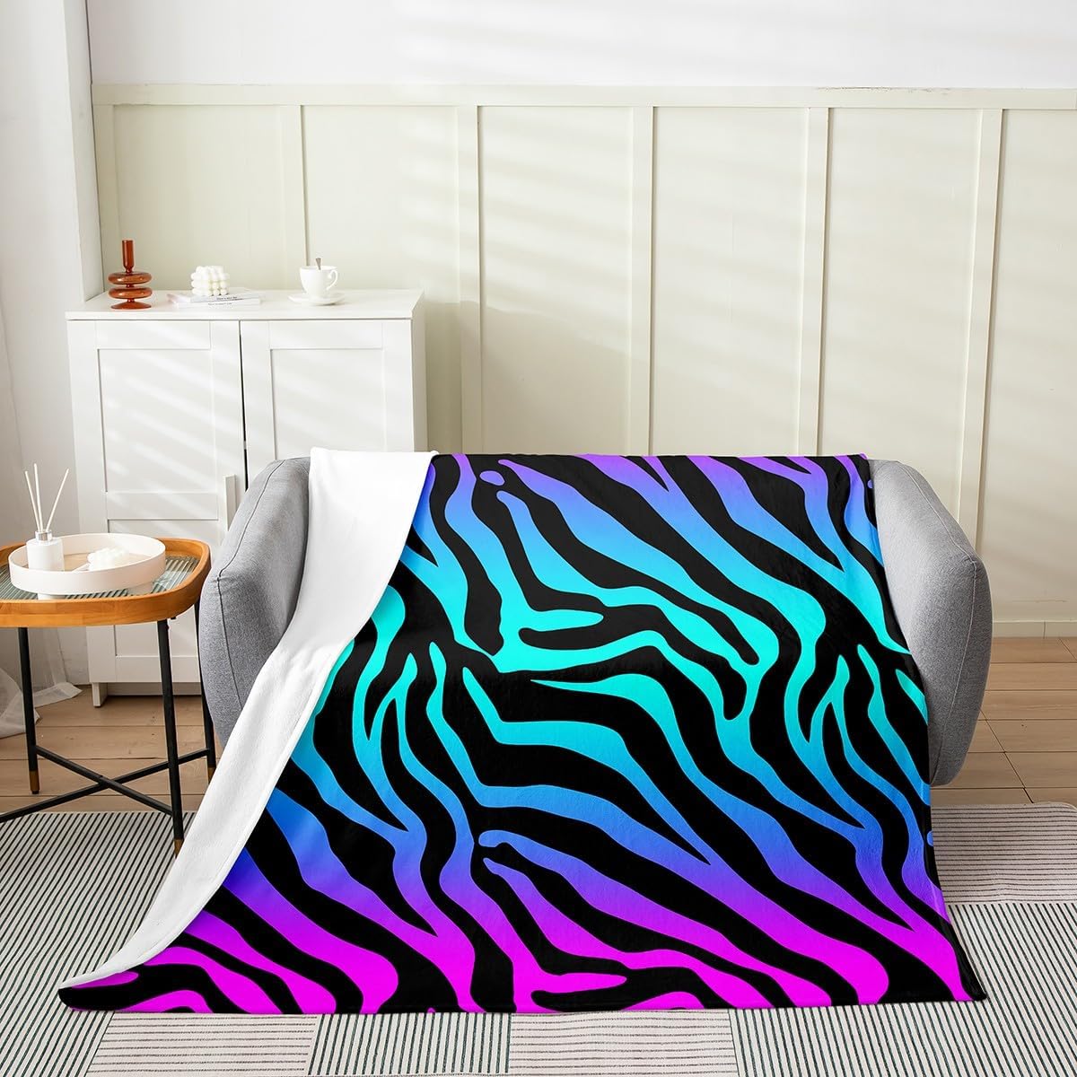 Zebra Stripes Fuzzy Blanket Animal Skin Print Flannel Fleece Throw Blanket for Sofa Couch Abstract Geometric Ultra Soft Bed Blanket Blue Purple Blanket 90"x90"