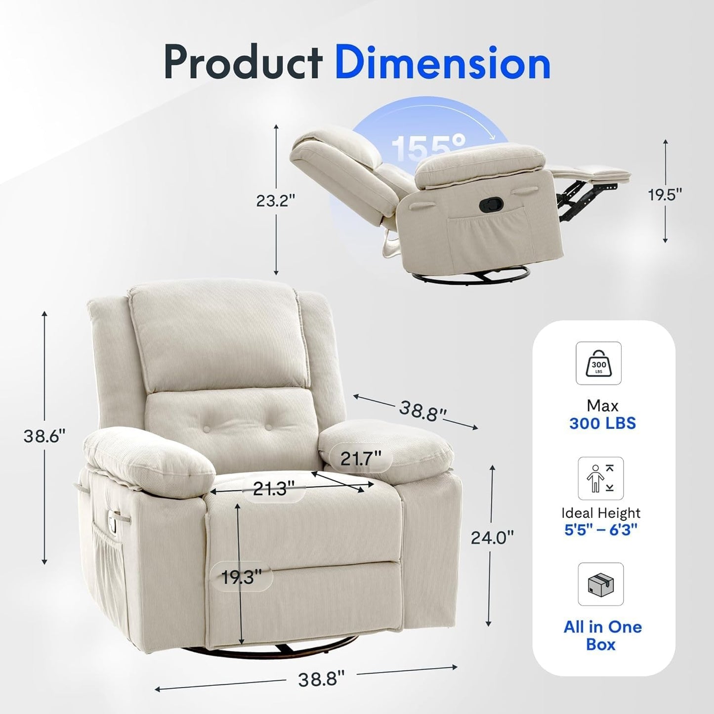 Modern Rocker Recliner Chair with Cushioned Backrest Adults Massage Rocking Chairs Nursery 360 Swivel Glider for Living Room Bedroom Home Furniture