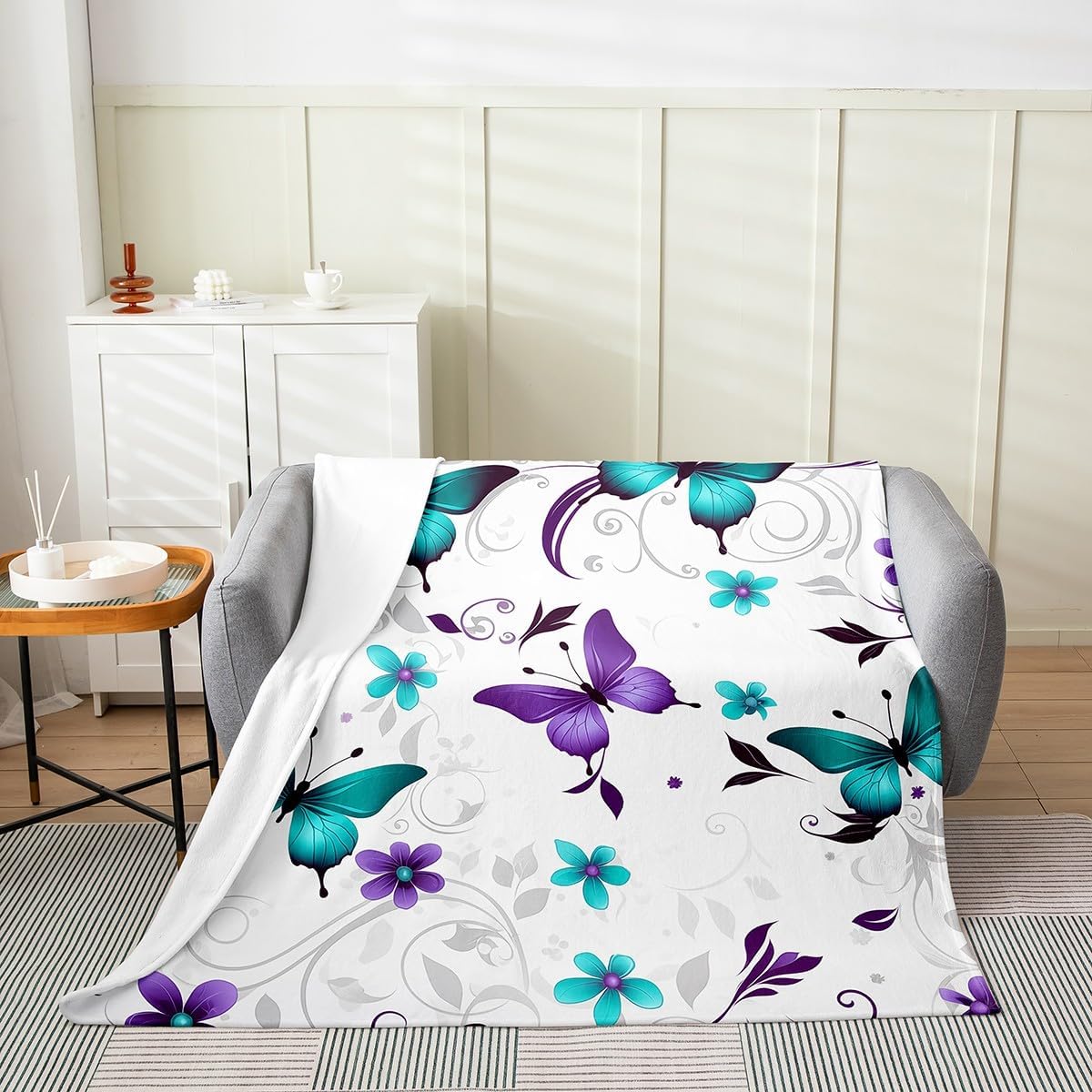 Erosebridal Teal Purple Butterflies Blanket for Kids Girls,Vintage Floral Print Throw Blanket Warm,Flying Butterflies Fleece Blanket for Living Room,Wild Animal Fuzzy Blanket Twin 60x80 Inch
