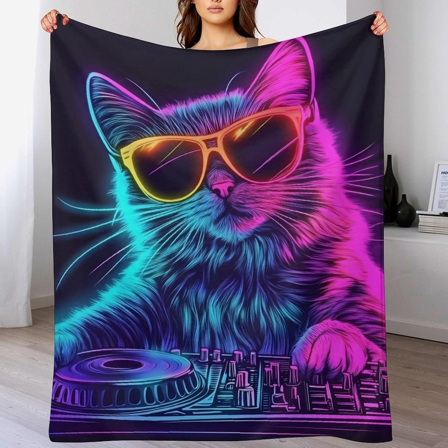 Rainbow DJ Cat Throw Blanket for Couch Bed Plush Cozy Fuzzy Flannel Blanket for All Season 30"x40"