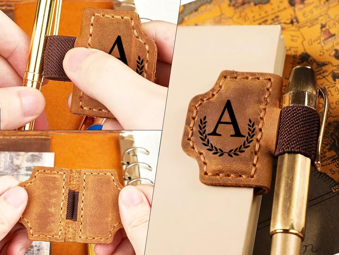 Custom Bookmark with Pen Holder Personalized Magnetic Leather Bookmarks with Initial Magnetic Leather Pen Holder Bookmark for Reading Women and Men Gifts for Booklovers (Red, A)