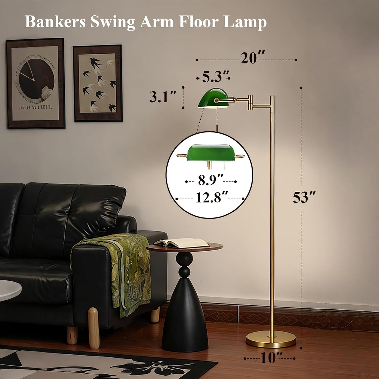 Vintage Modern Bankers Reading Floor Lamp, Gold Metal Standing Lamp with Adjustable Swing Arm, Swivel Lampshade and Pull Chain for Living Room, Reading Nook, Office, Bedroom
