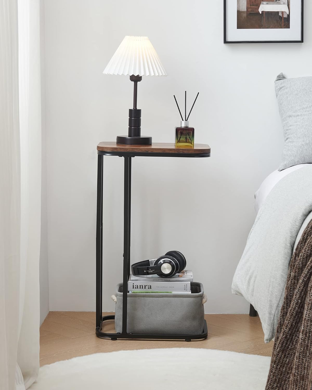 C Shaped End Table, 27 Inches High Small Side Table for Sofa and Bed, Couch Table Slides Under, Tall Tv Tray Table for Living Room, Bedroom, Metal Frame, Rustic Brown & Black