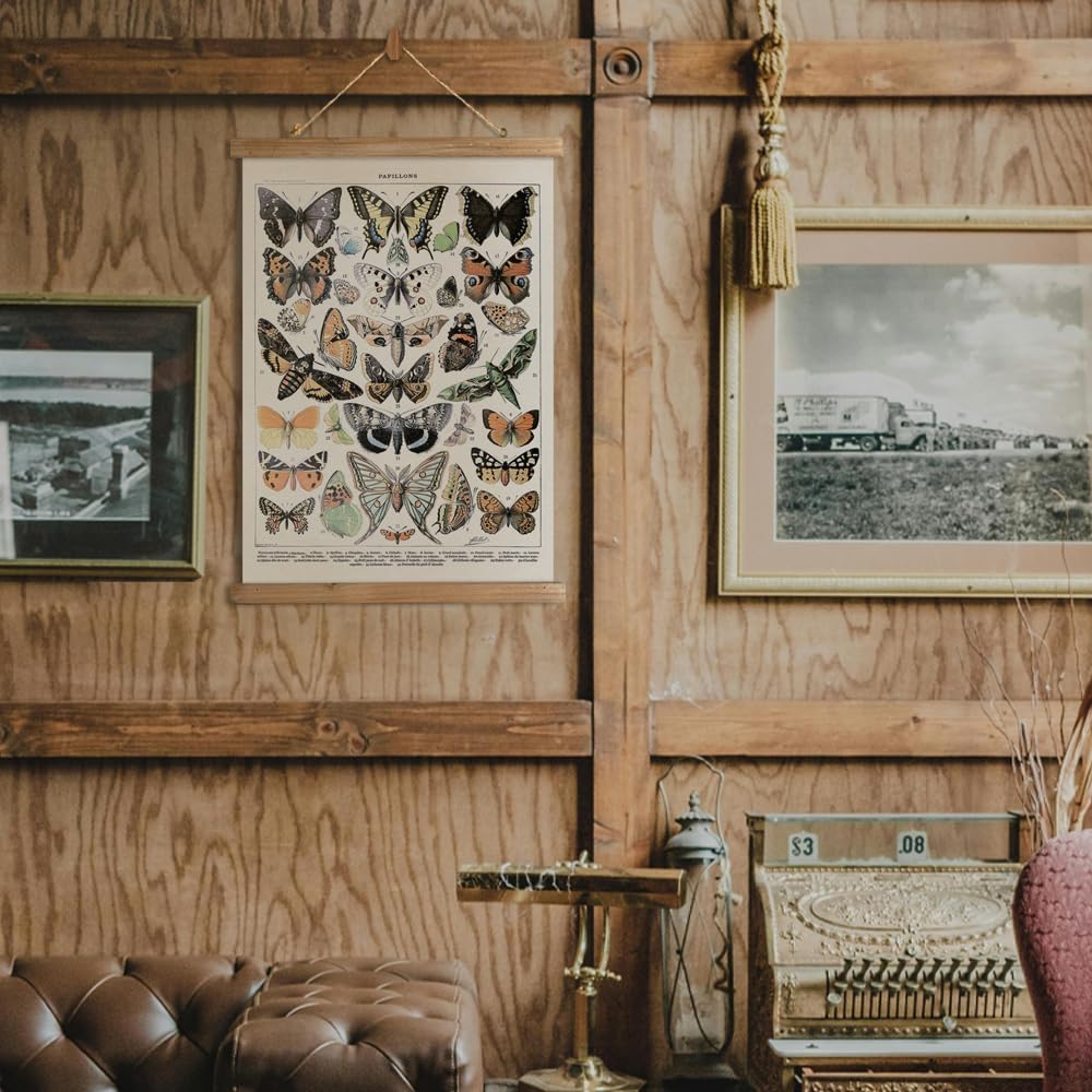 MIDEFINCH Vintage Butterfly Wall Art Poster with Wooden Frame - Natural History Illustration, Papillons Canvas Print, Retro Home Decor for Living Room, Bedroom, Office, 20x30 Inch