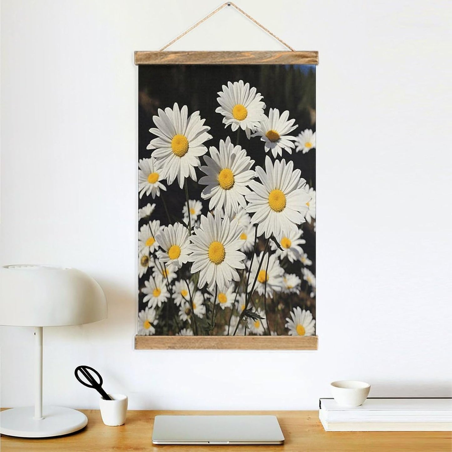 Vintage White Daisy Poster with Wooden Frame Personalized Linen Hanging Scroll Painting Rustic Wall Hanging Illustrative Modern Artwork Decor for Home Living Room Bedroom Office
