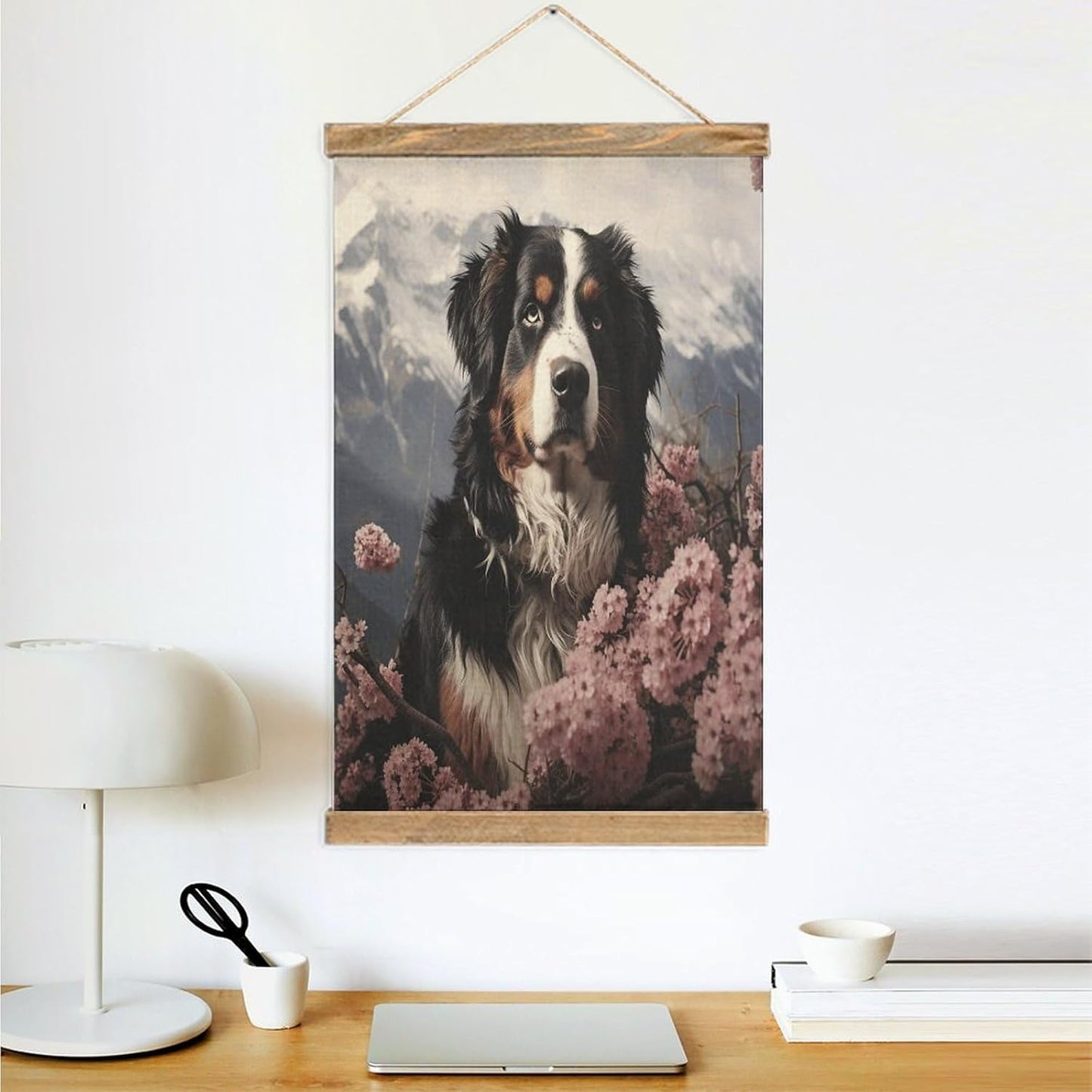 Vintage Bernese Mountain Dog Poster with Wooden Frame Personalized Linen Hanging Scroll Painting Rustic Wall Hanging Illustrative Modern Artwork Decor for Home Living Room Bedroom Office