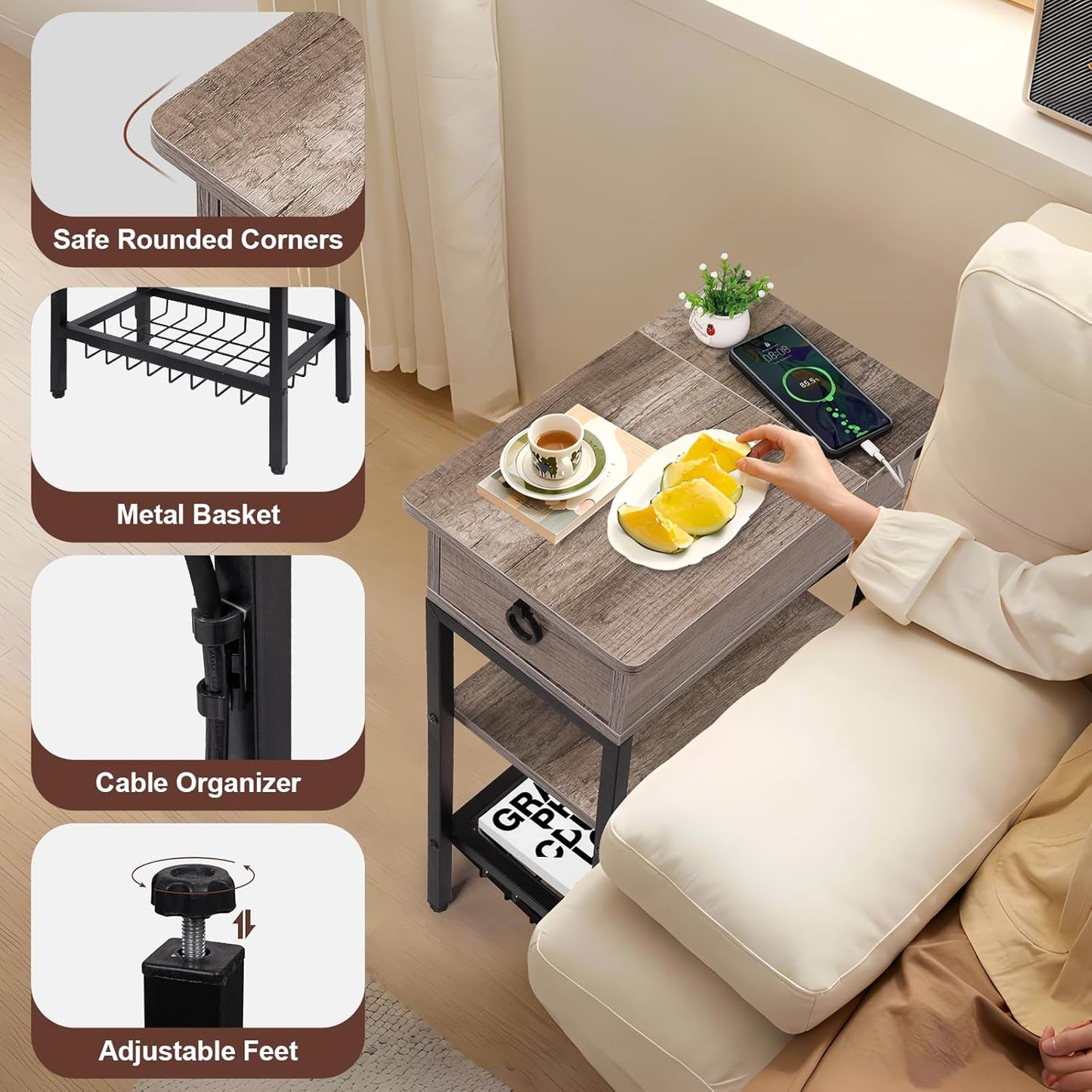 Small Gray Side Table Charging Station for Bedroom, Narrow Grey Living Room End Tables with Storage, Skinny USB Nightstand with Outlet, Gaming Coffee Table for Couch with USB Ports