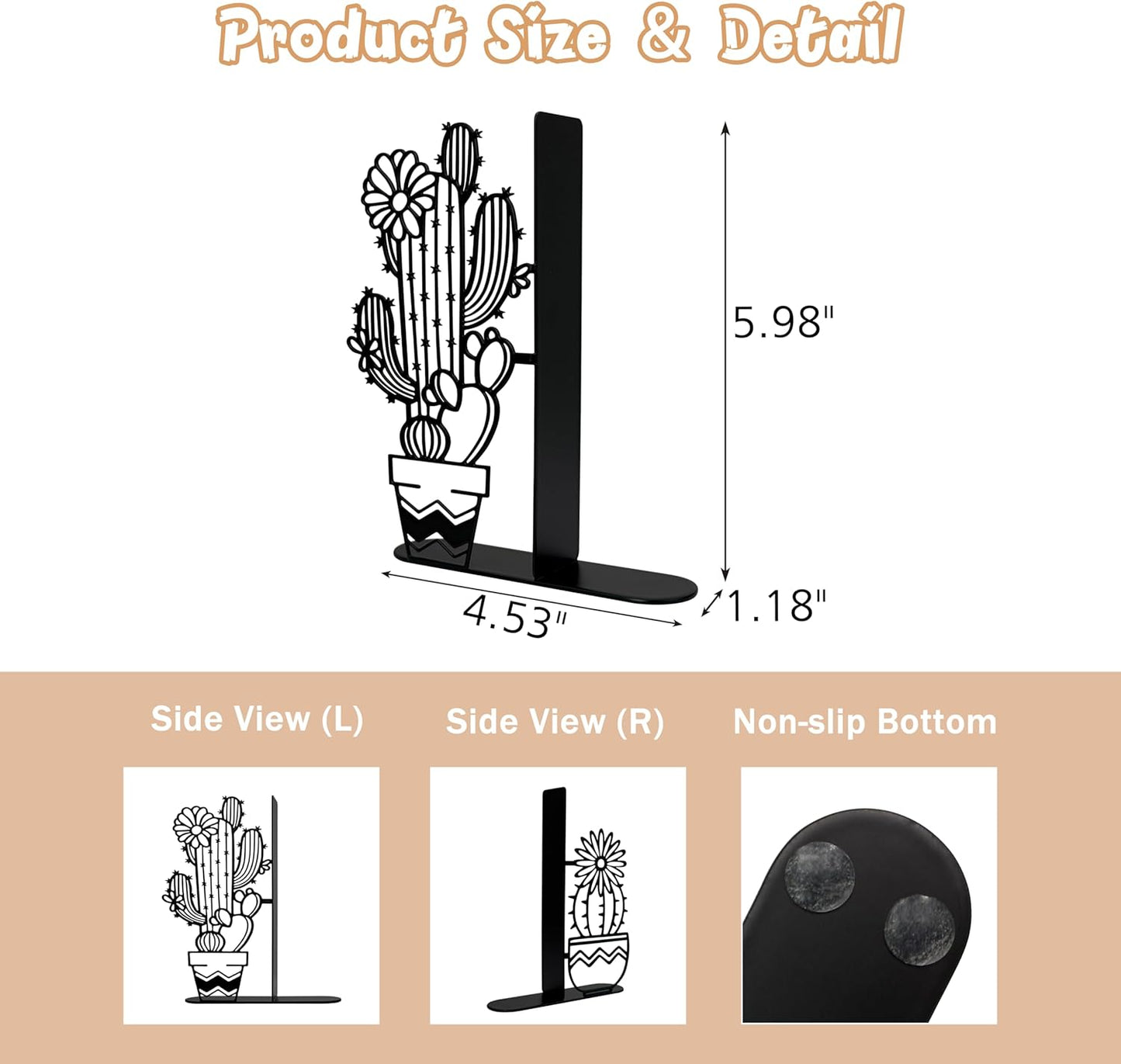 Metal Cactus Planter Book Ends, Dual Wave Pot Design Unique Cute Bookends with Rust Proof Coating, Home Office Decor & Gift for Book Lovers