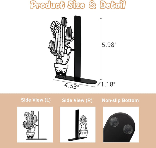 Metal Cactus Planter Book Ends, Dual Wave Pot Design Unique Cute Bookends with Rust Proof Coating, Home Office Decor & Gift for Book Lovers