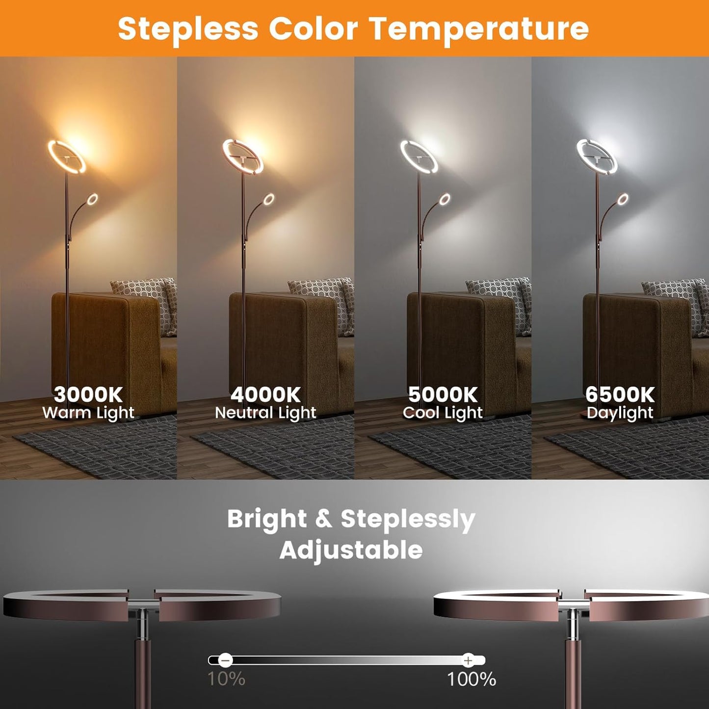 2-in-1 Brown LED Floor Lamp - 69" Dimmable Torchiere Standing Lamp with Remote Touch Control, 29W Bright Modern Floor Reading Lamp Pole Light for Living Room Bedroom Office Corner
