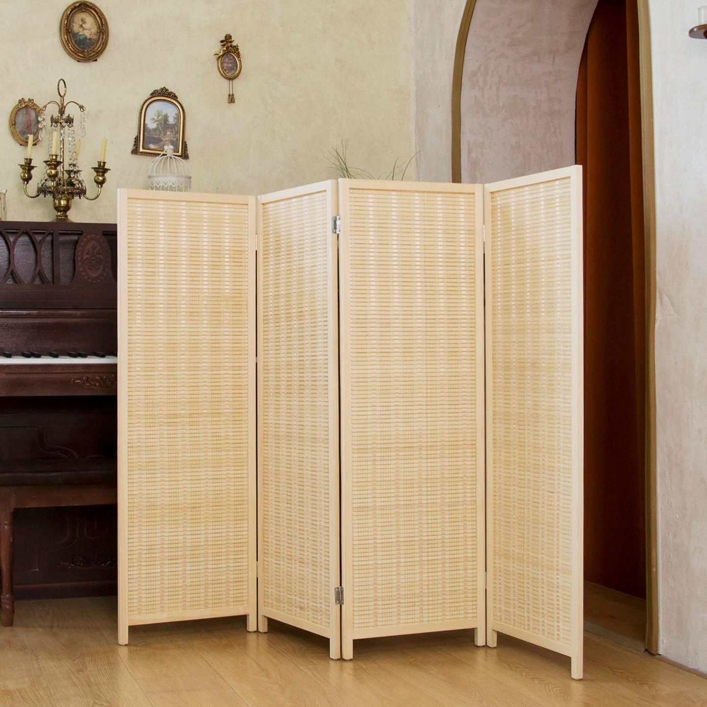 4 Panel Short Room Divider – 3.9 ft Tall Double-Side Folding Privacy Screen, Natural Beige Bamboo Partition Wall for Home Office, Living Room & Corner Spaces
