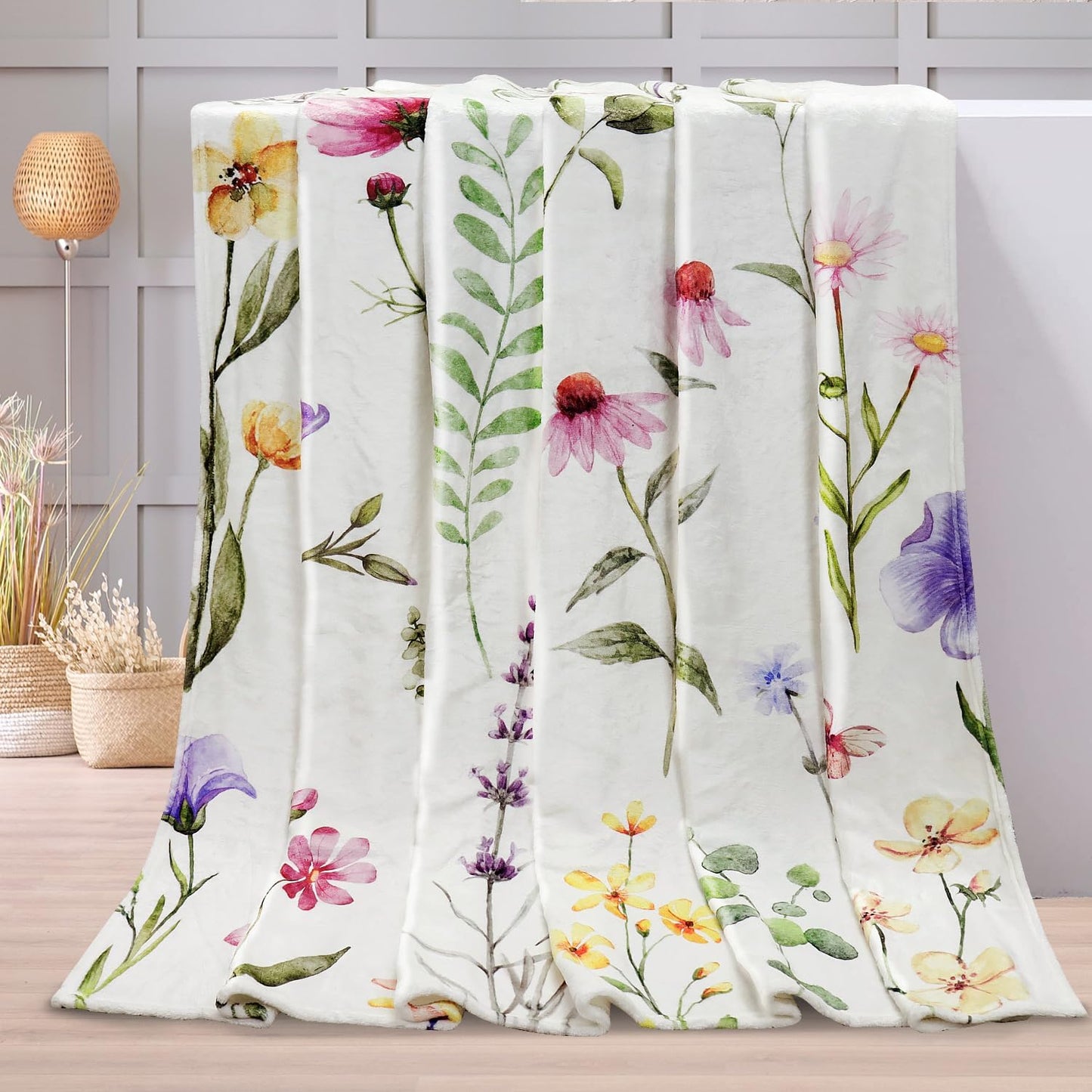 Tupmnbry Wildflowers Throw Blanket Botanical Floral Printed Blanket Super Soft Flannel Throw Blankets Lightweight Fluffy Plush Fuzzy Bed Blankets for Bedding Sofa 50"X60"