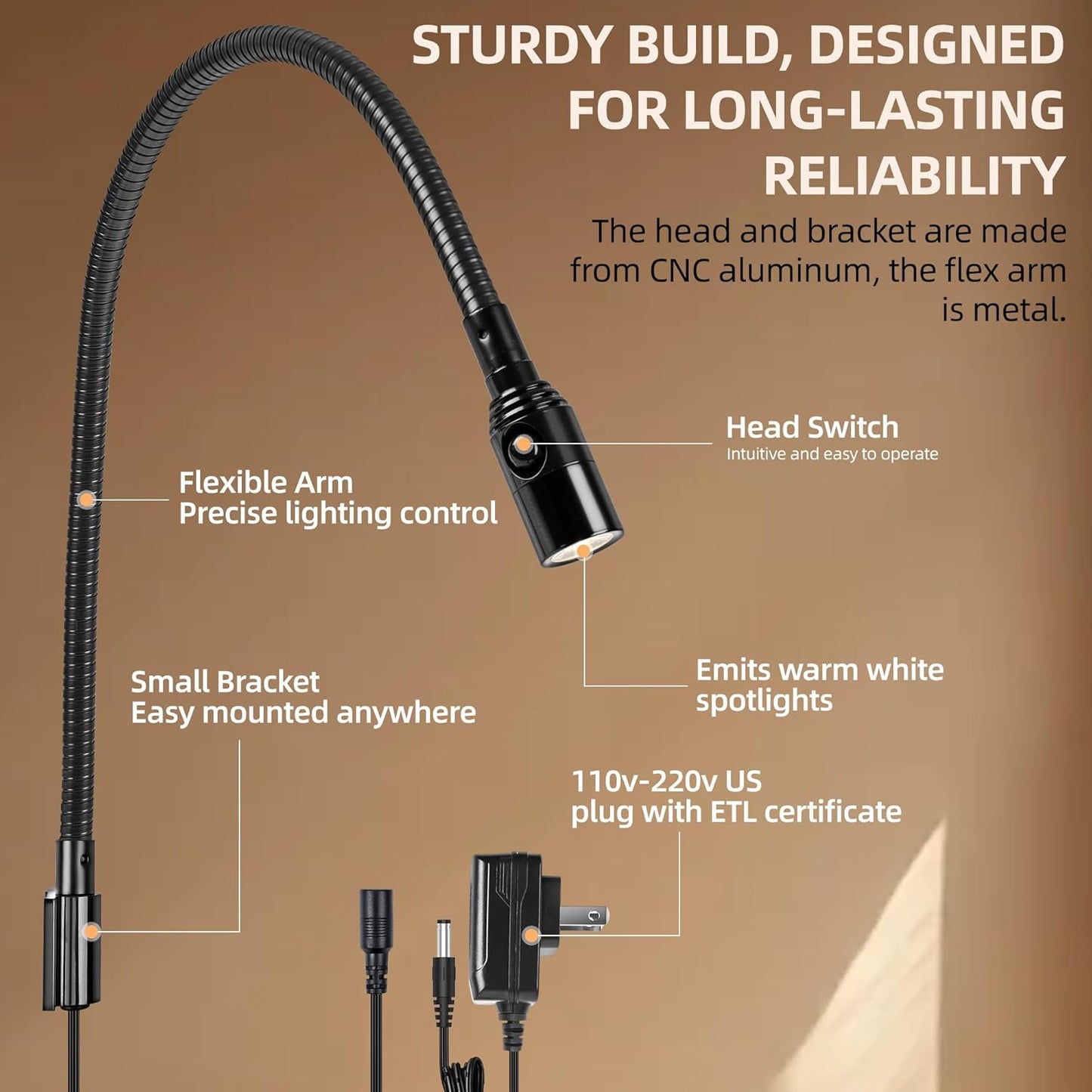 Reading LED Light for Bedside Bedroom Wall Mount Adjustable Gooseneck Black