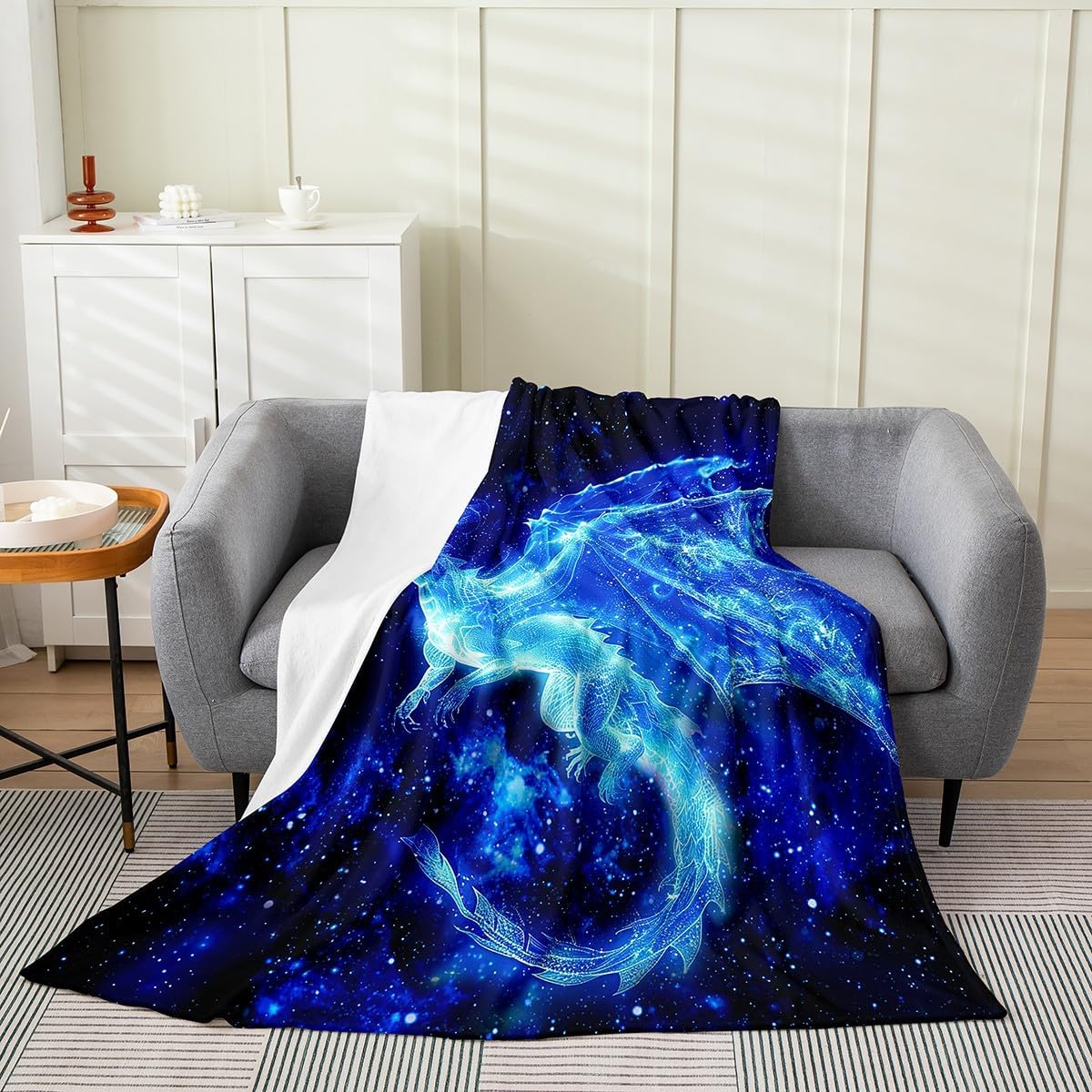 Feelyou Dragon Plush Throw Blanket Twin 60"x80" Galaxy Wildlife Animals Flannel Fleece Blanket Outer Spaces Blue Black