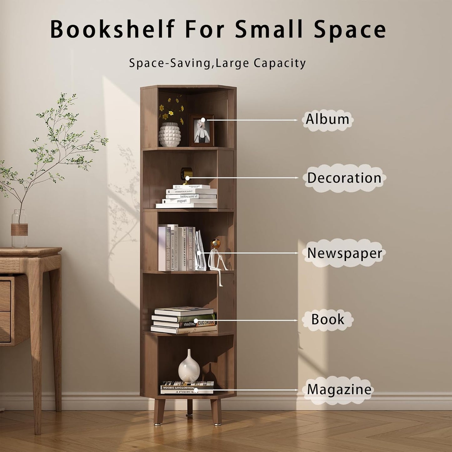 3 Tier Corner Bookshelf, 45.3’’ Tall Bamboo Corner Bookcases with Storage Display Rack for Home Office, Living Room, Study Room (Brown)