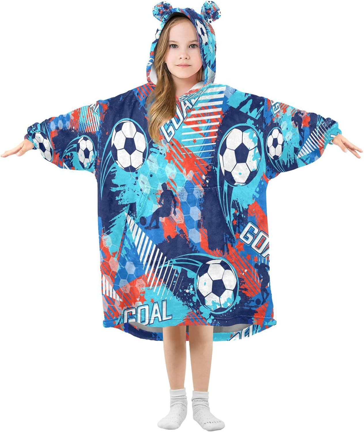 YETTASBIN Soccer Graffiti Wearable Blanket Hoodie for Kids, Oversized Soft Cozy Flannel Sweatshirt Blanket with Pocket