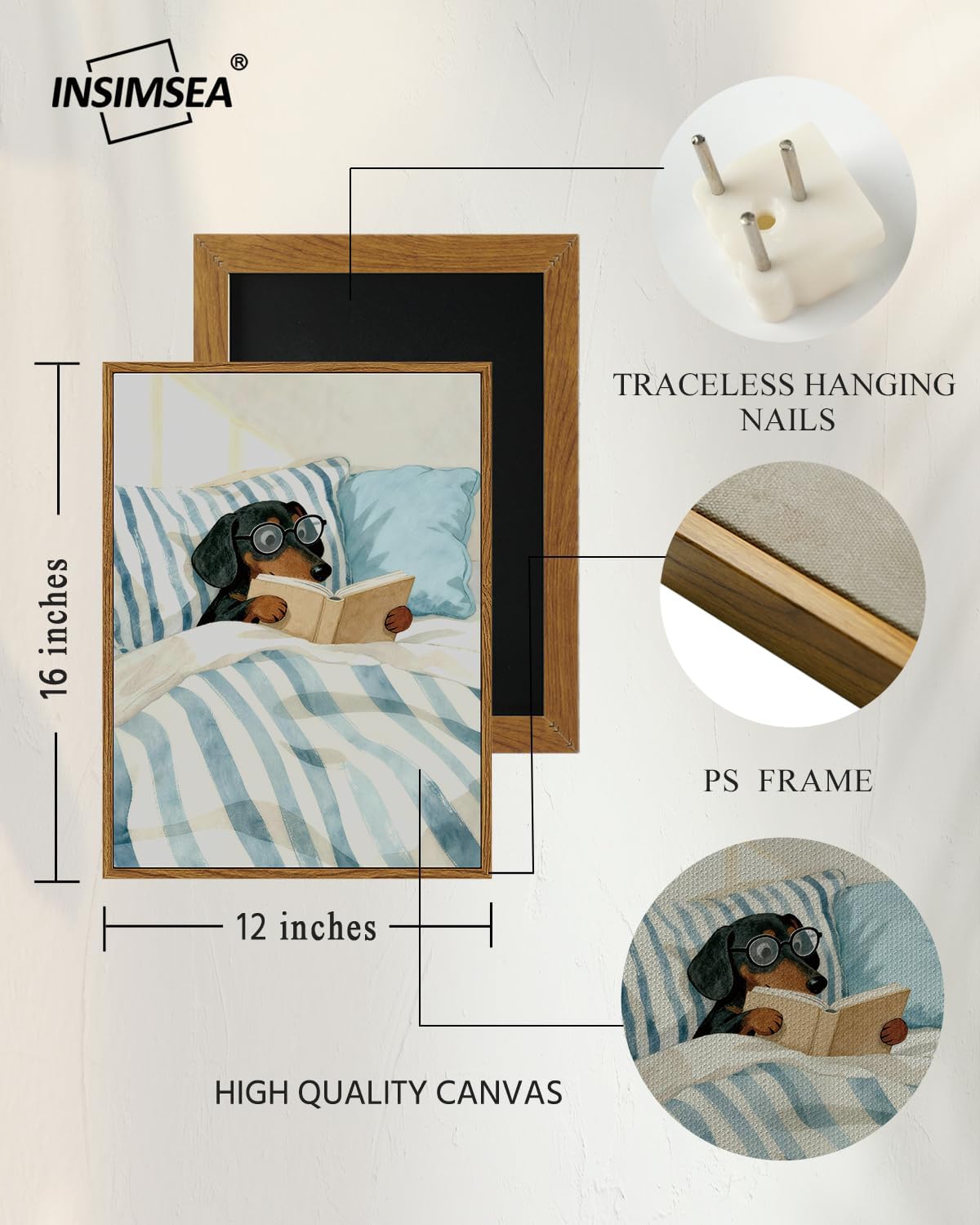 InSimSea Framed Wall Art for Bathroom, Canvas Vintage Funny Bathroom Wall Art Home Decor Aesthetic, Animal Dog Artwork Picture Painting, Neurtal Prints Pictures, Cozy Reading Pup 16L x 12W