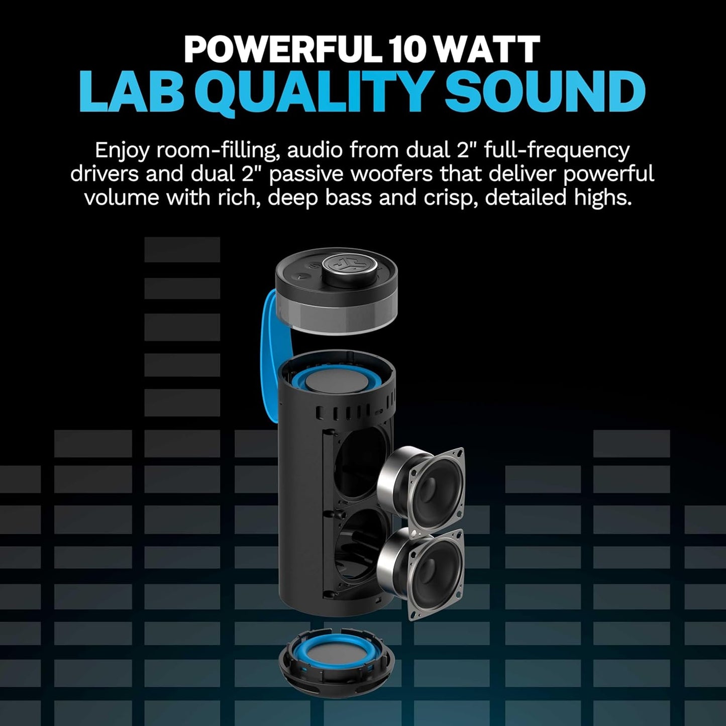 JLab Go Party Portable Bluetooth Speaker, Midnight Black, 10 Watts of Power, 16+ Hours of Playtime, IP56 Waterproofing, Customizable RGB LED Lighting, Lab Sync Up to 100 Speakers, Custom Sound in-App