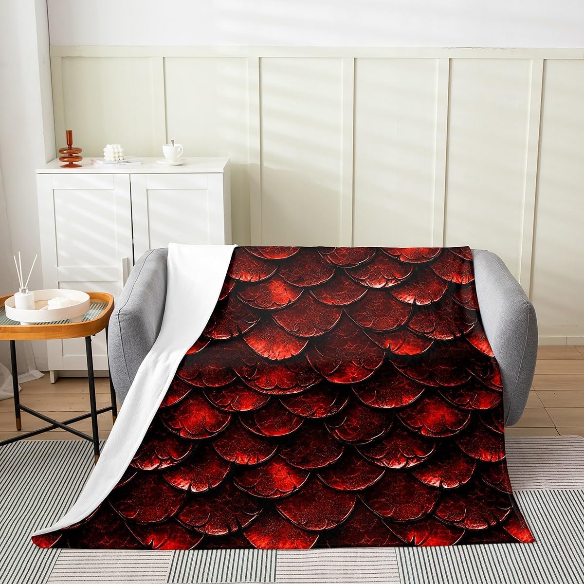 Castle Fairy Dragon Scales Flannel Blanket for Kids,Red Fierce Dragon Fleece Throw Blanket for Bedroom Sofa Dorm Decor,Mysterious Western Animals Bed Blanket,Baby (30 x 40 Inches)