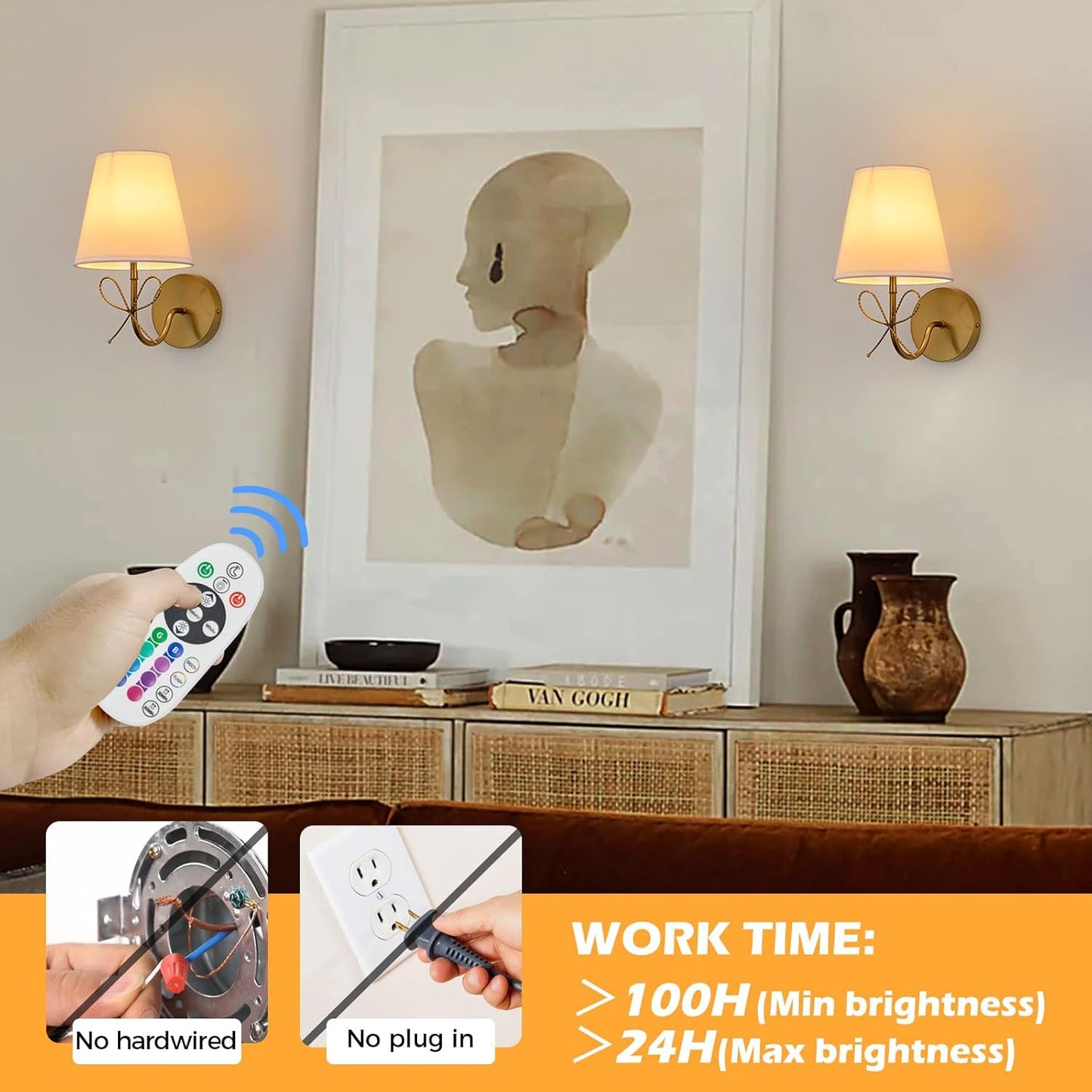 PASSICA DECOR Bow Wireless Battery Operated Wall Sconce Set of 2, Rechargeable Dimmable LED Lights with 15 Colors, Timer, Remote Control,Bow Lamp for Girls Rooms,Bedroom Living Room