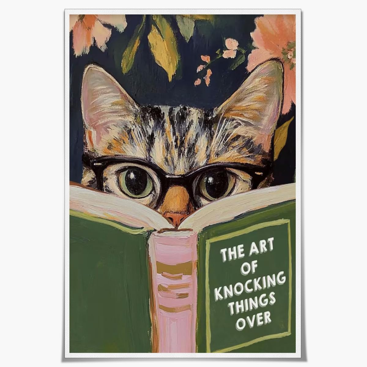 WLZWD Funny Cat Reading Book Wall Art Poster Retro Floral Aesthetic Reading nook office decor Green Pink Humorous Bathroom decor Prints for Bedroom Living Office Unframed8x10inch