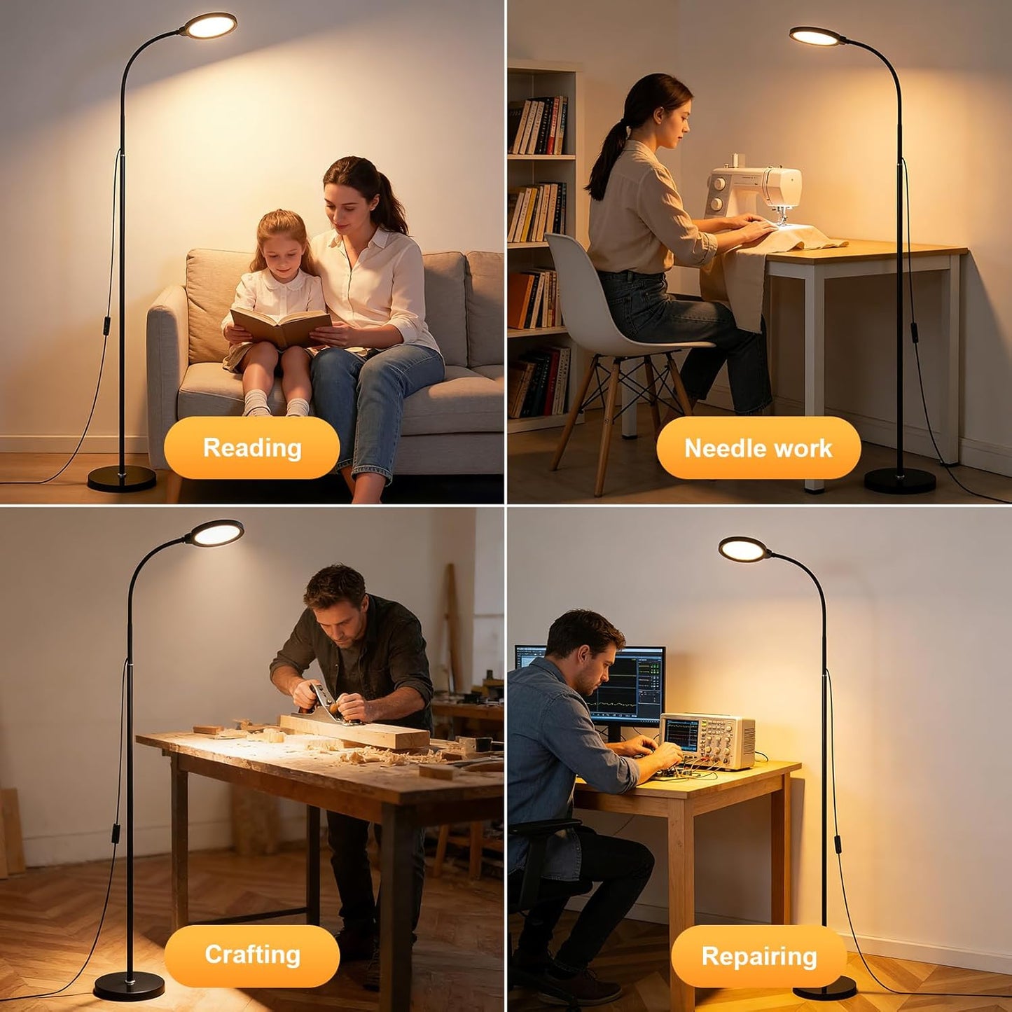 Modern Black Bright Eye Protection Floor Lamp, 62.6“ Adjustable Gooseneck Standing Lamp with Dimmer & Color Temperature, Tall LED Corner Lamp for Living Room, Bedroom Office Reading, Tattoo Light