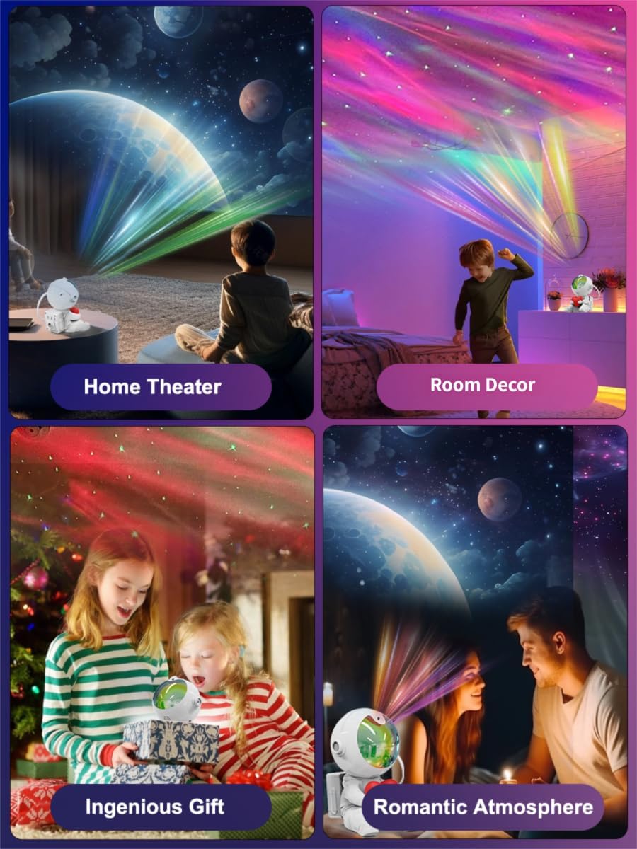 Aurora Projector Galaxy Night Light - Astronaut Space Projector Adjustable Head Angle, Ceiling LED Lamp with Timer and Remote, Kids Room Decor Aesthetic, for Christmas & Birthdays Home Party