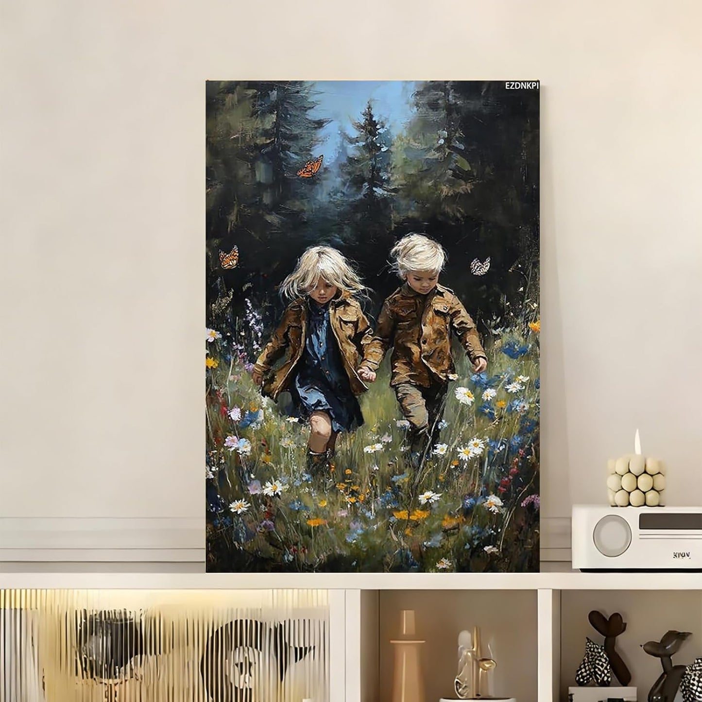 1pcs Framed Retro Wall Decor Man and Woman Walking in Flowers Canvas Prints Painting Rural Plant Posters Farmhouse Wall Art for Rural Bedrooms Corridor Canvas 8x12inch