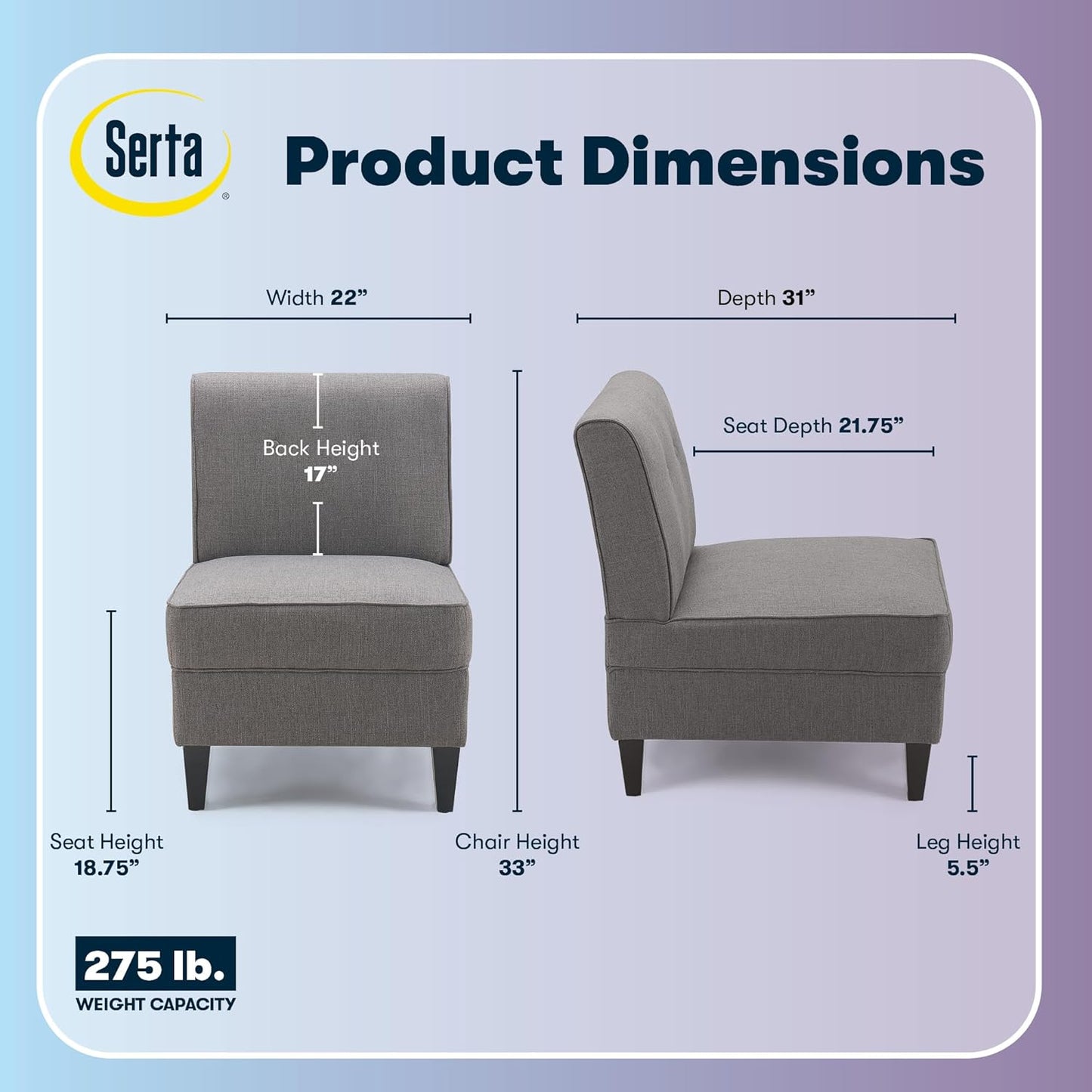 Serta Copenhagen Modern Accent Chair, Button Tufted Backrest, Sinuous Spring Seat Cushion, Rubberwood Legs, Upholstery for Living Room, Bedroom and Small Spaces, Polyester Woven Fabric, Gray