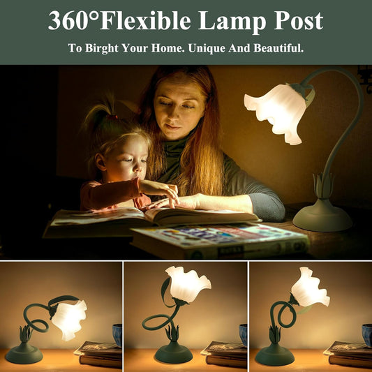 Flower Table Lamp, 3 Level Brightness Vintage Flower Reading Light with E26 Bulb, Cute Desk Lamp Bedside Lamps Lily Lamps for Nightstands Living Room Bedroom Ambient Lighting Home Decor, Metal Base
