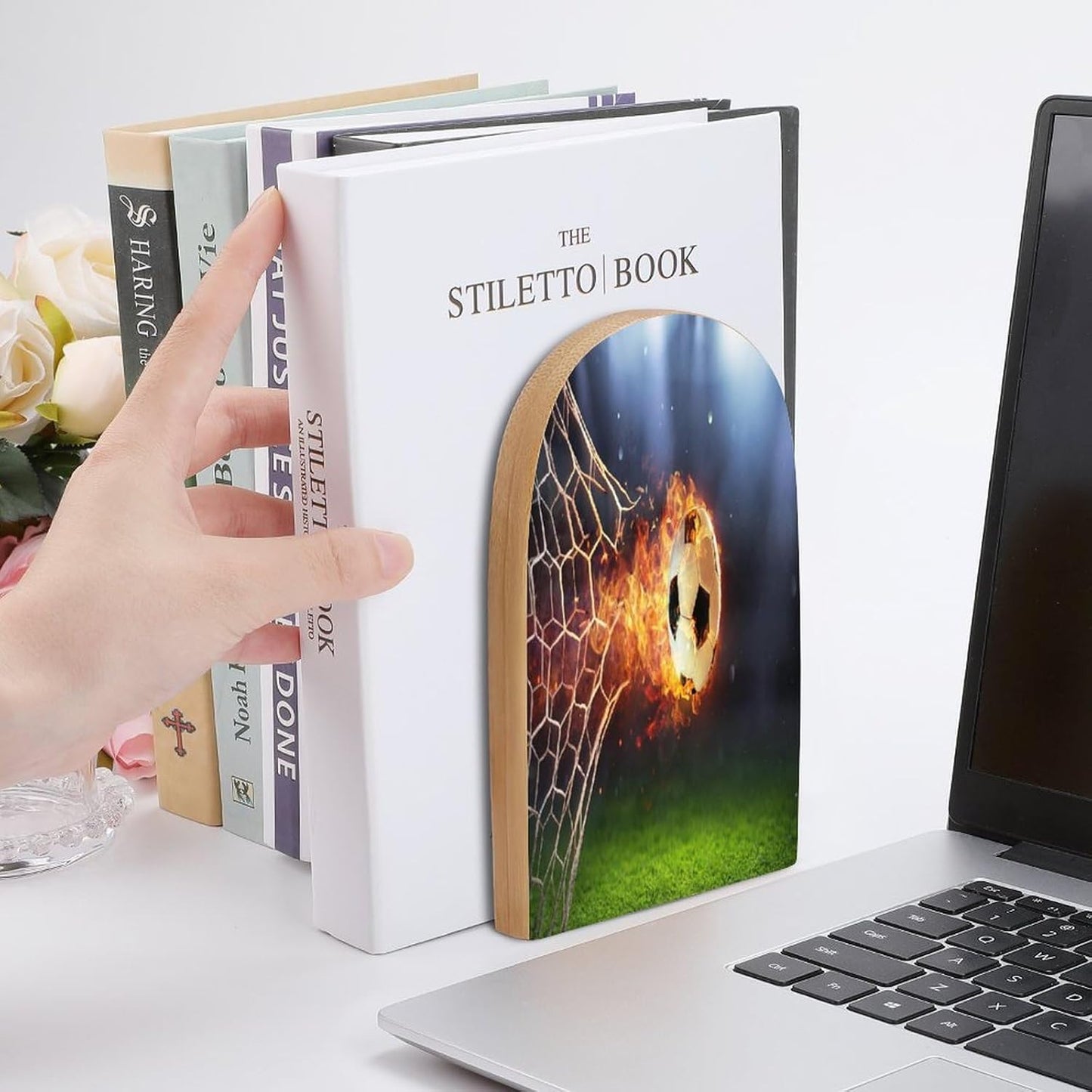 Football Wooden Bookend Non-Slip Book Ends Heavy Duty Book Stopper with Metal Base Books Holderd Decorative Bookends Stands Firmly for Office Supplies