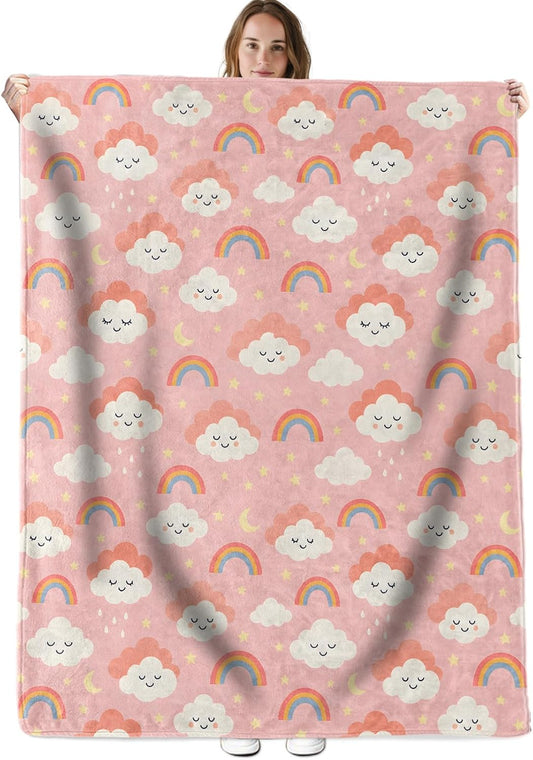 Rainbow Cloud Flannel Throw Blanket 50x60 Inch, Pastel Pink Illustration Blankets, Sweet Dreamy Home Decor for Bed Couch Tent Travel Picnic, Thoughtful Gifts for Girls Women Aesthetic Lovers