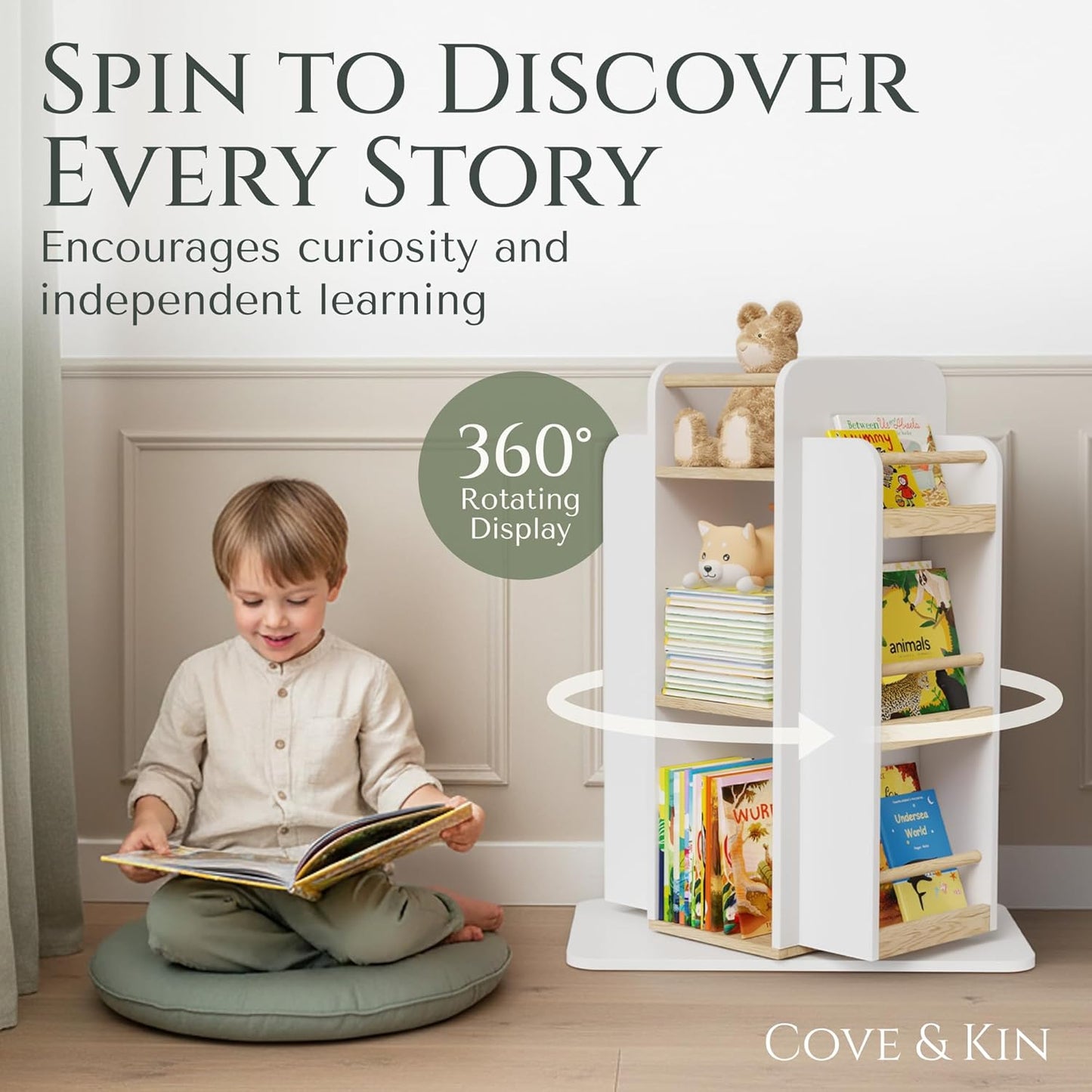 COVE & KIN Kids Rotating Bookshelf Organizer – 360° Montessori-Inspired Front-Facing Bookcase for Toddlers & Kids, Space-Saving Wooden Book Shelf for Nursery, Playroom & Bedroom