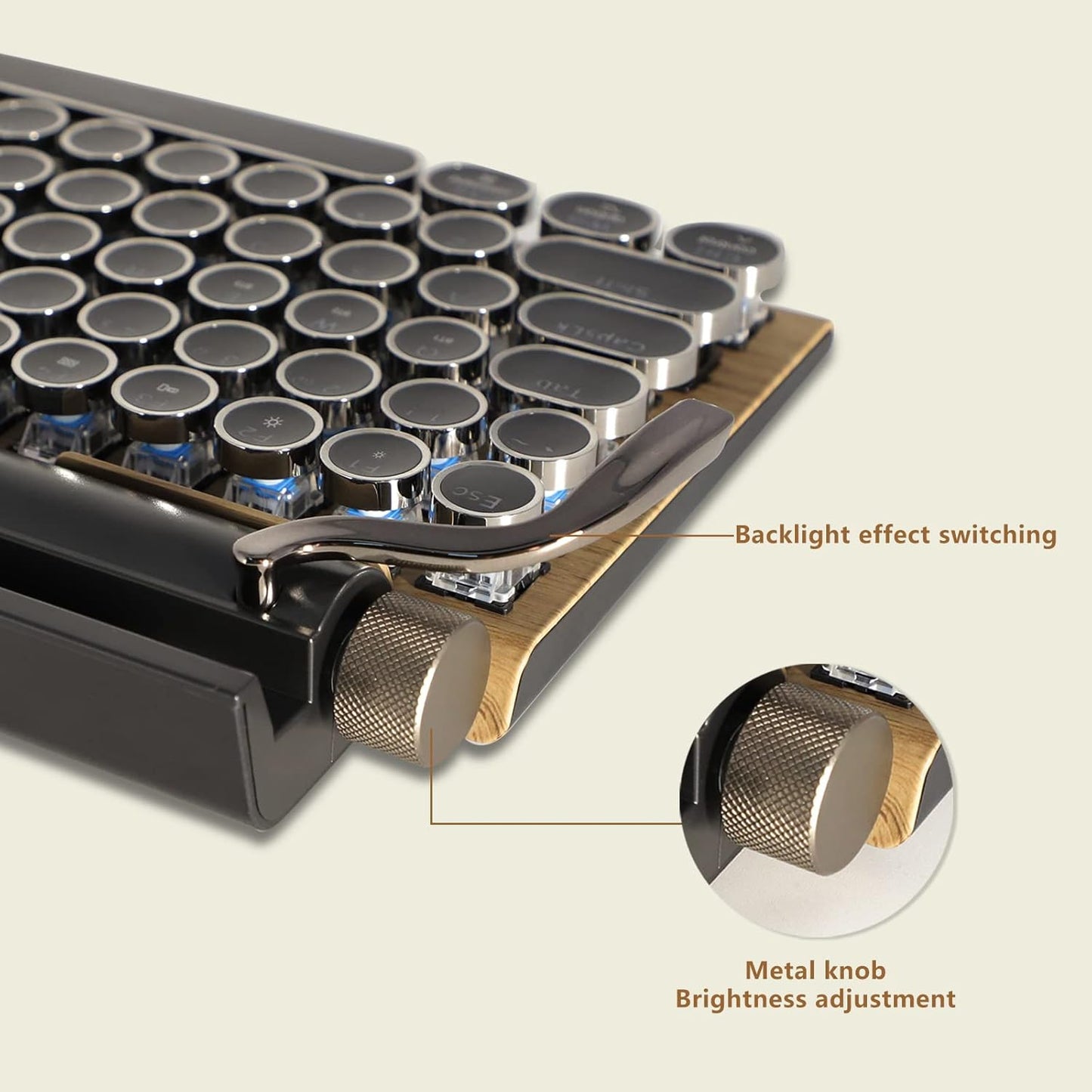 Adventurers Typewriter-Style Retro Mechanical Keyboard LED Backlight 83 Keys Bluetooth 5.0 Blue Axis Wood Color Panel Compatible with iOS/Android/Windows/Vista/Linux/Mac Office/Gaming, 12.8x6.6x1.6in