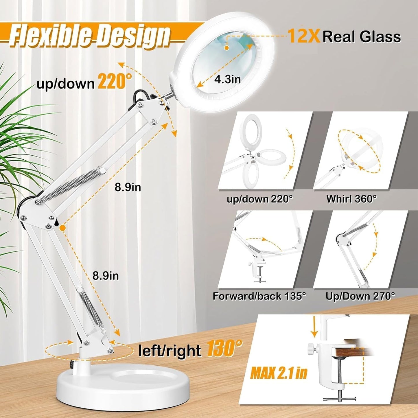 12X Magnifying Glass with Light and Stand (No Acrylic Lens), 2-in-1 Lighted Magnifier with Clamp 5 Color Modes Dimmable LED Desk Lamp Hands Free for Painting Craft Sewing Hobby Close Work White