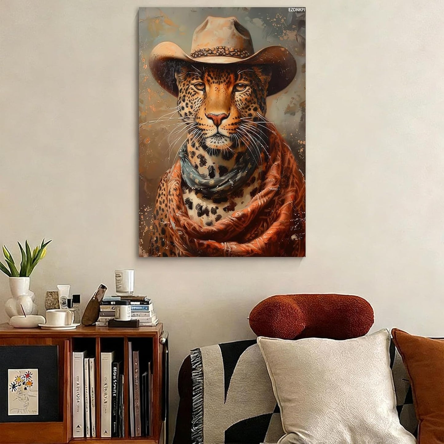 Cowboy Leopard Art Print Fun Western Painting Southwestern Farmhouse Decor Leopard in a Cowboy Hat Portrait Eclectic Maximalist Print Framed 8x12inch