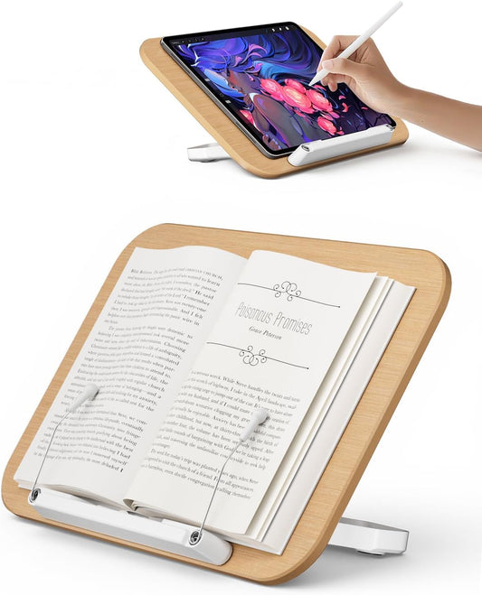 Adjustable Book Stand for Reading, 13 Height Levels Book Holder, Hands-Free Desktop Book Stand with Page Clips, Foldable Book Stand for Textbooks, Cookbooks, Tablets & Study