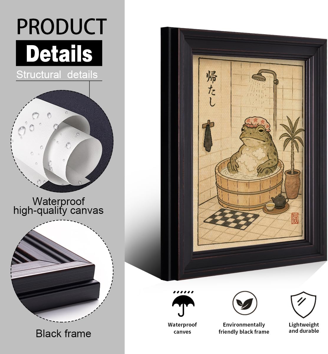 Framed Japanese Frog Bathroom Canvas Wall Art, Vintage Sage Green Shower Cap Frog Aesthetic Poster, Funny Bathroom Animal Picture Print, Asian Japandi Wall Decor for Restroom Washroom 8x10in