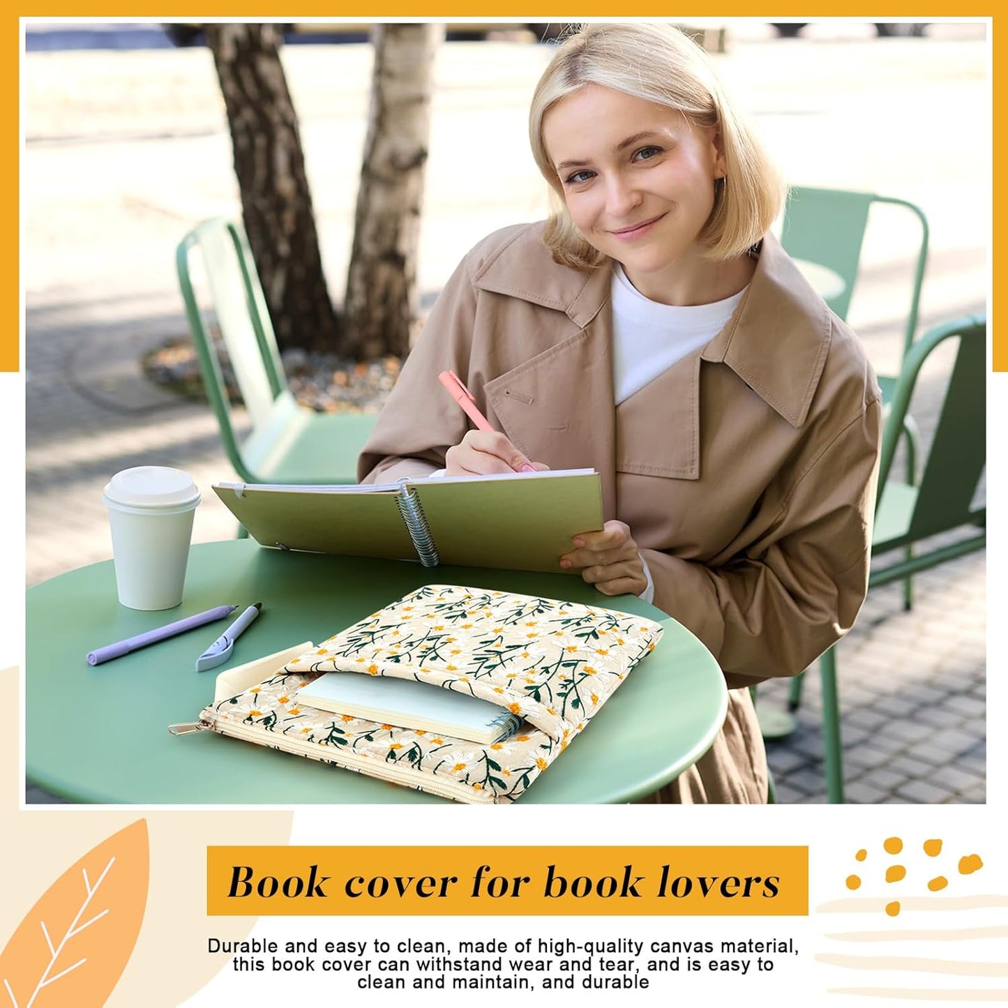 12''x9'' Daisy Embroidered Book Sleeve with Cotton Lining with Handle and Zipper Book Protector for Paperback and Hardcover, Christmas Ideal Gift Book Sleeve Pouch for Book Lovers(White)